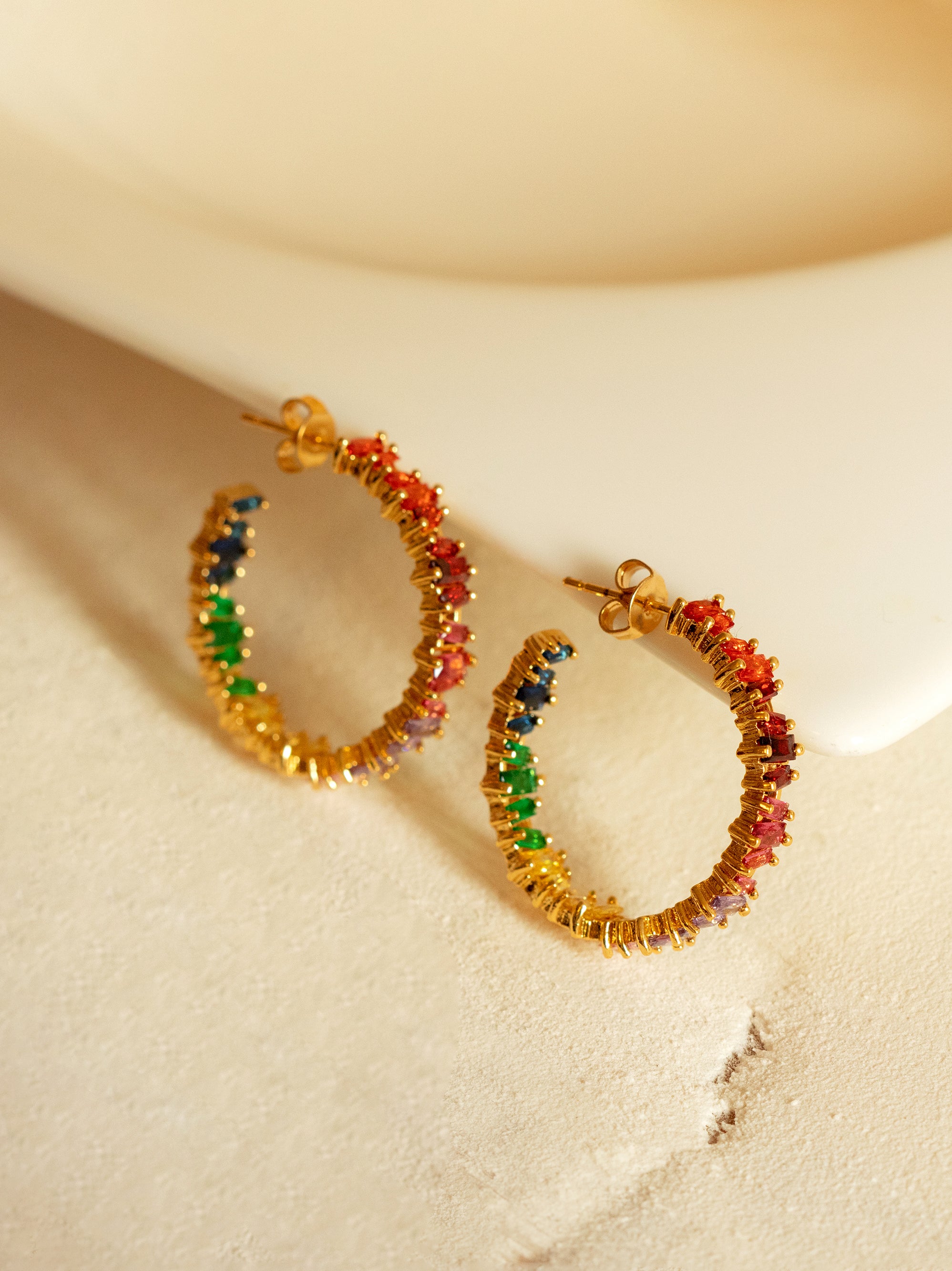 Gold Large Hoop Earrings With Colourful Stones