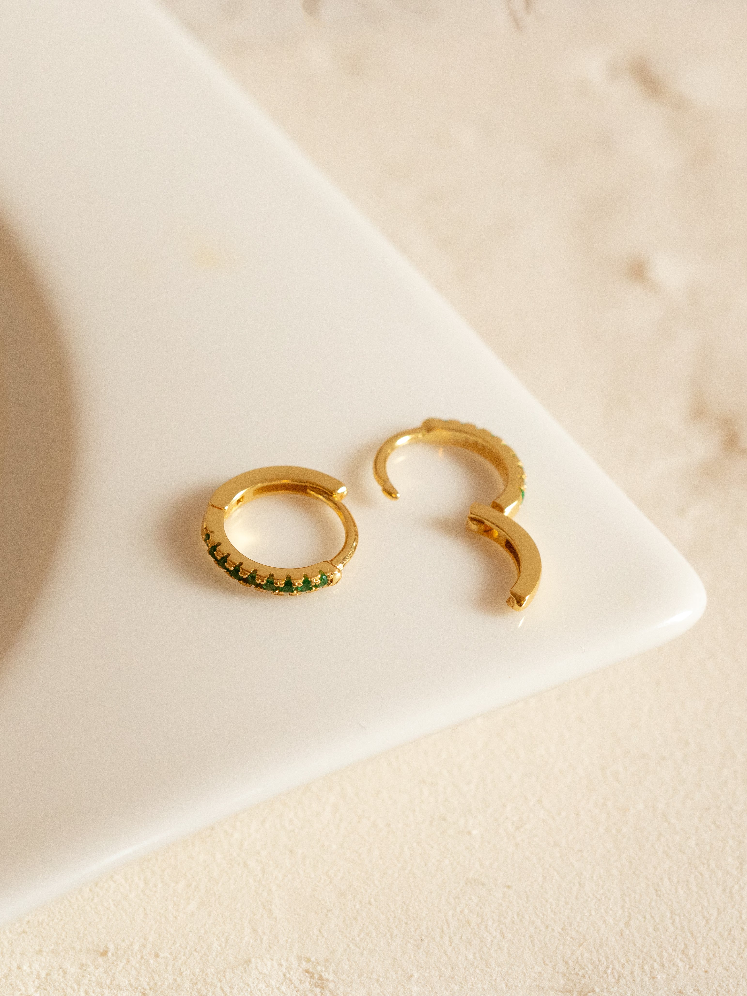 Gold Small Hoop Earrings With Emerald Green Stones
