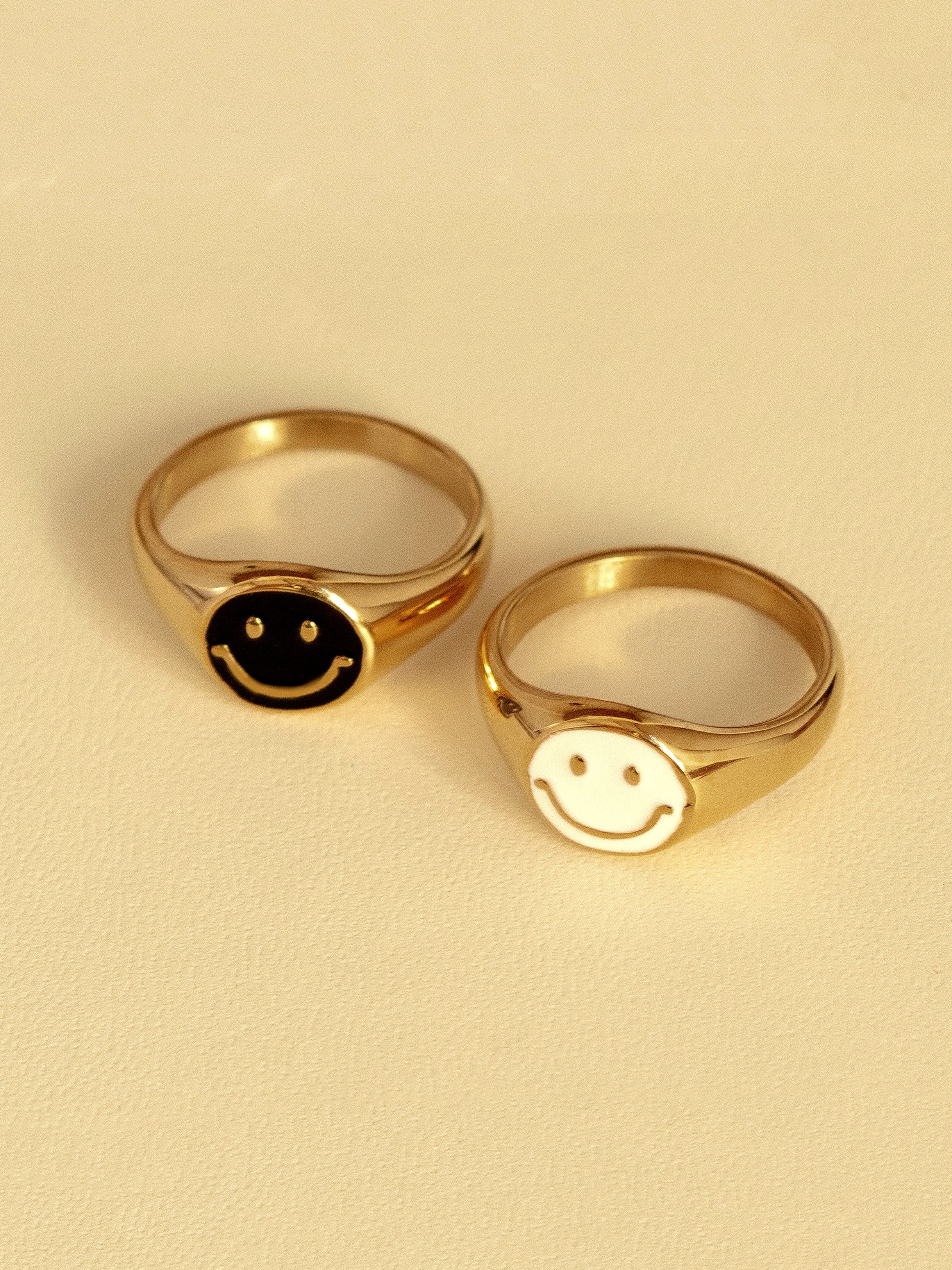 Gold Happy Face Signet Ring - White Enamel