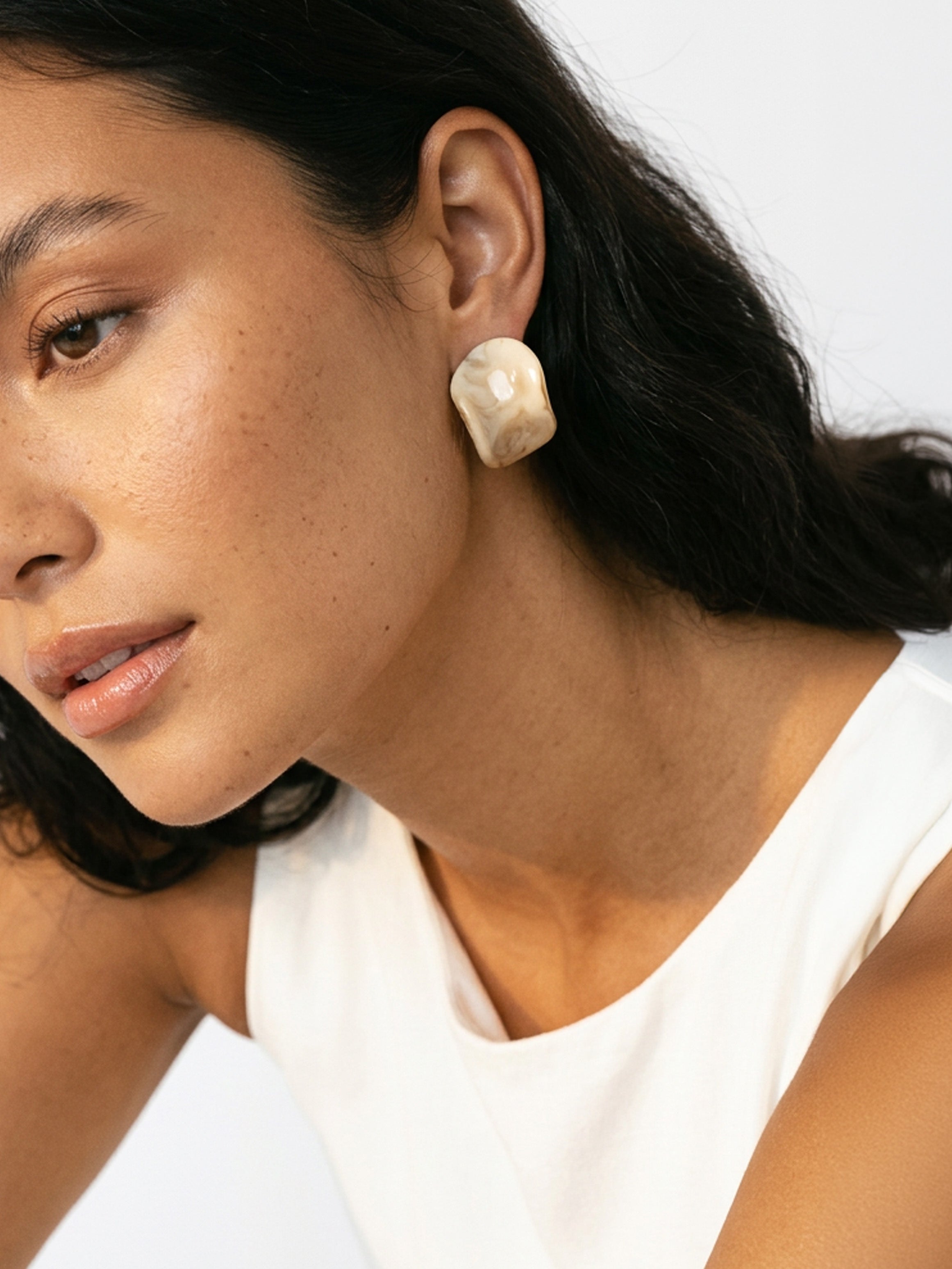 Cream Marbled Resin Stud Earrings