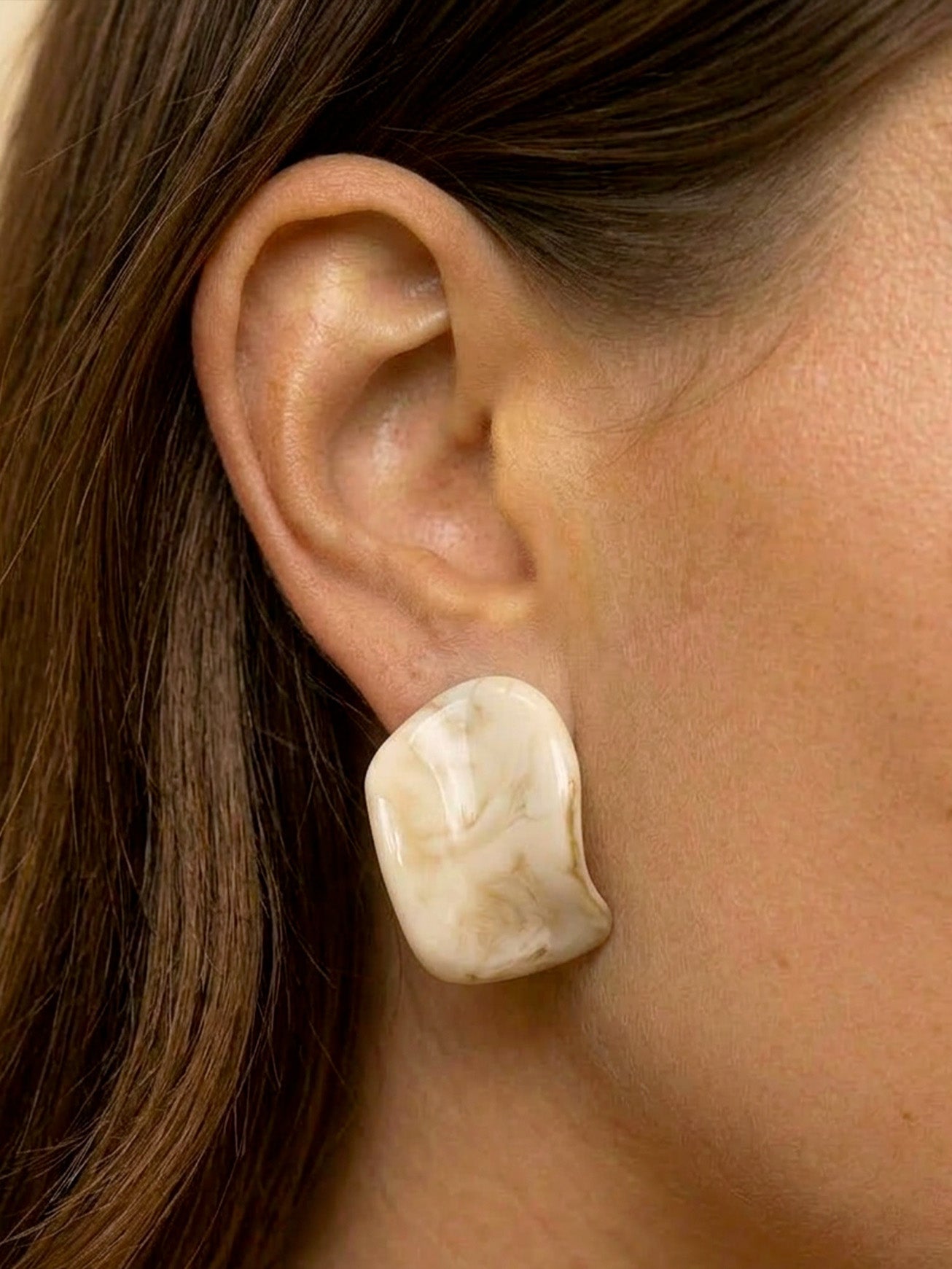 Cream Marbled Resin Stud Earrings