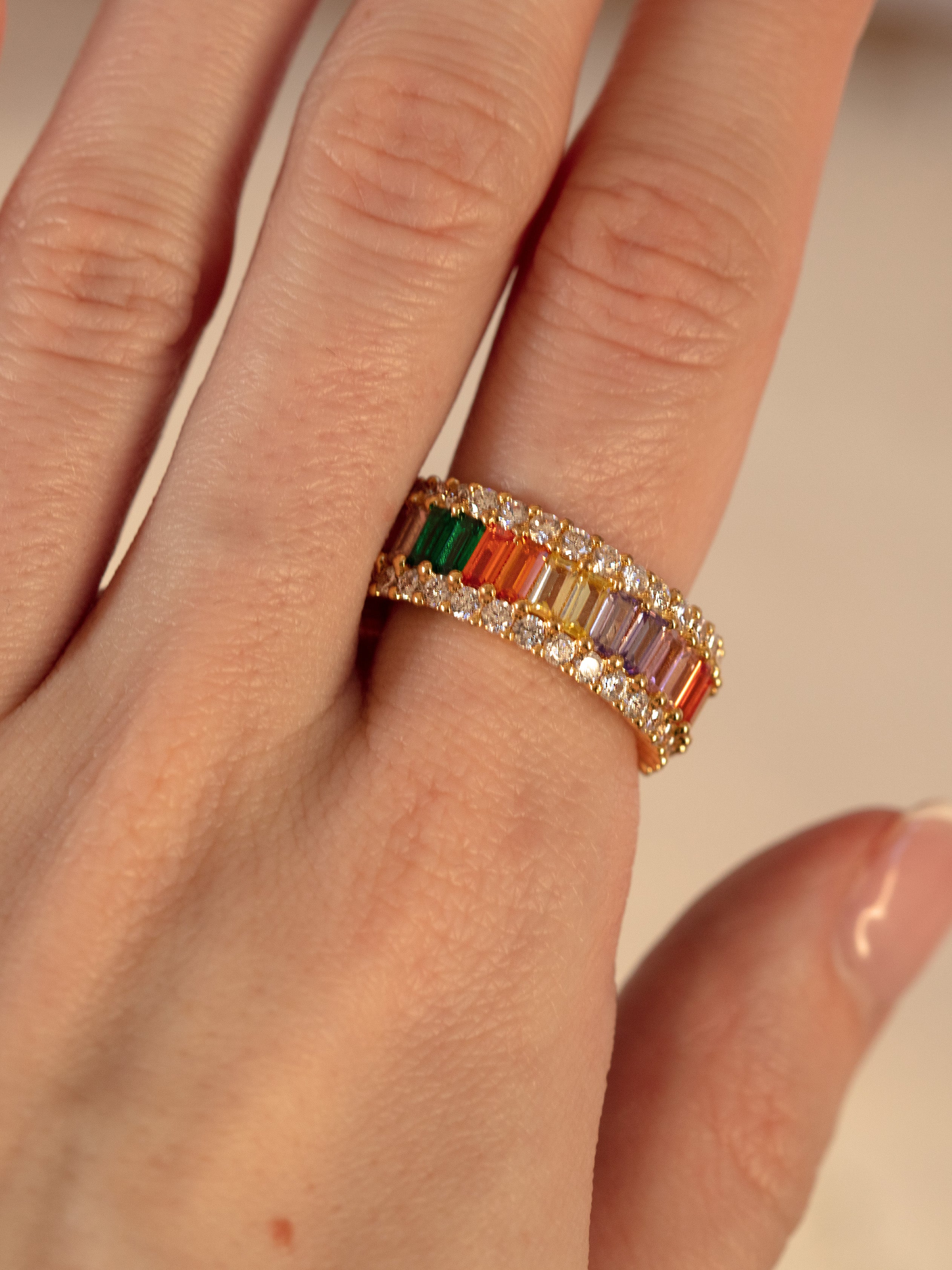 Thick Rainbow Ring With Colourful Baguette Stones