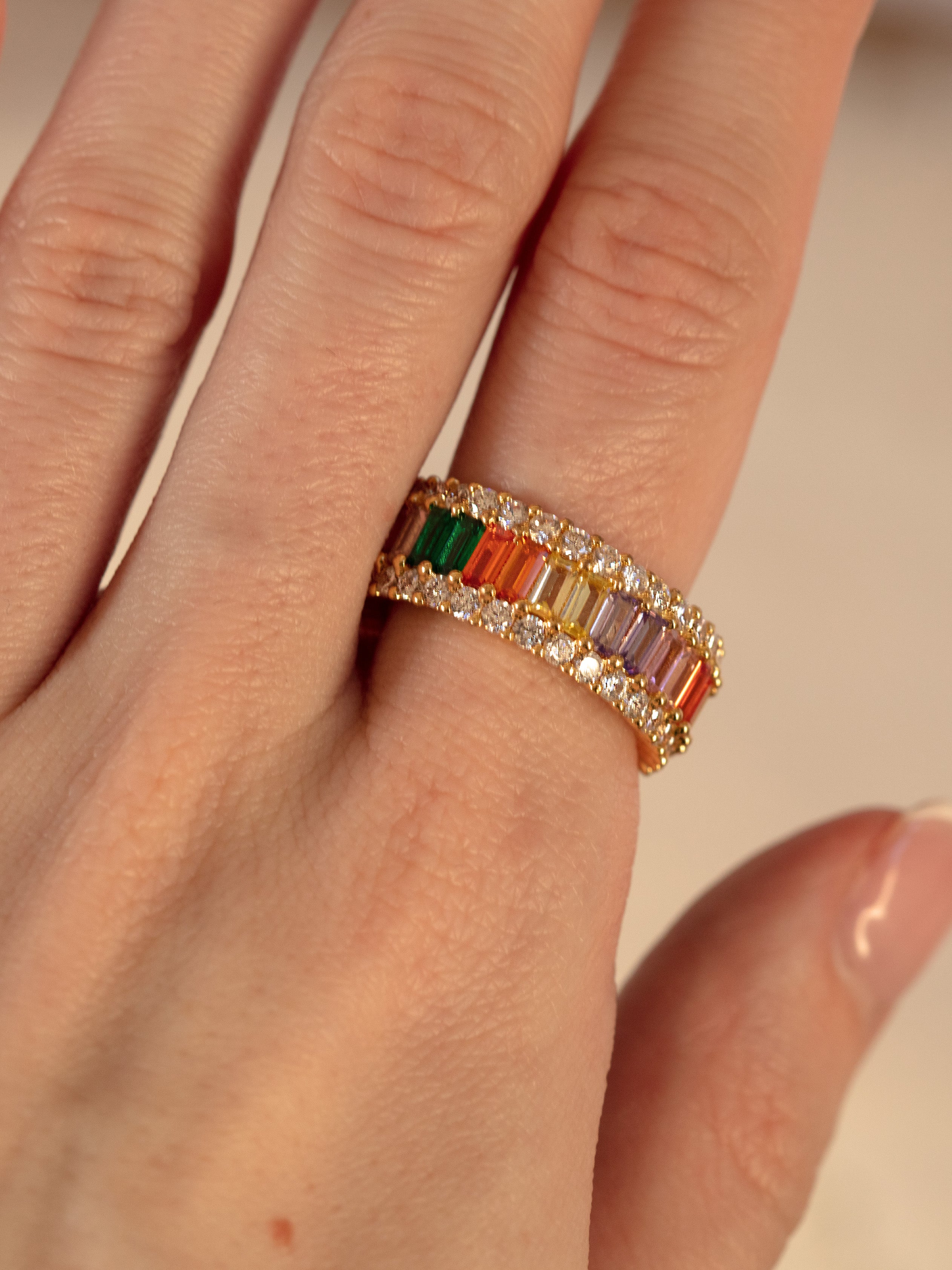 Gold Stacked Rainbow Ring With Colourful Baguette Stones