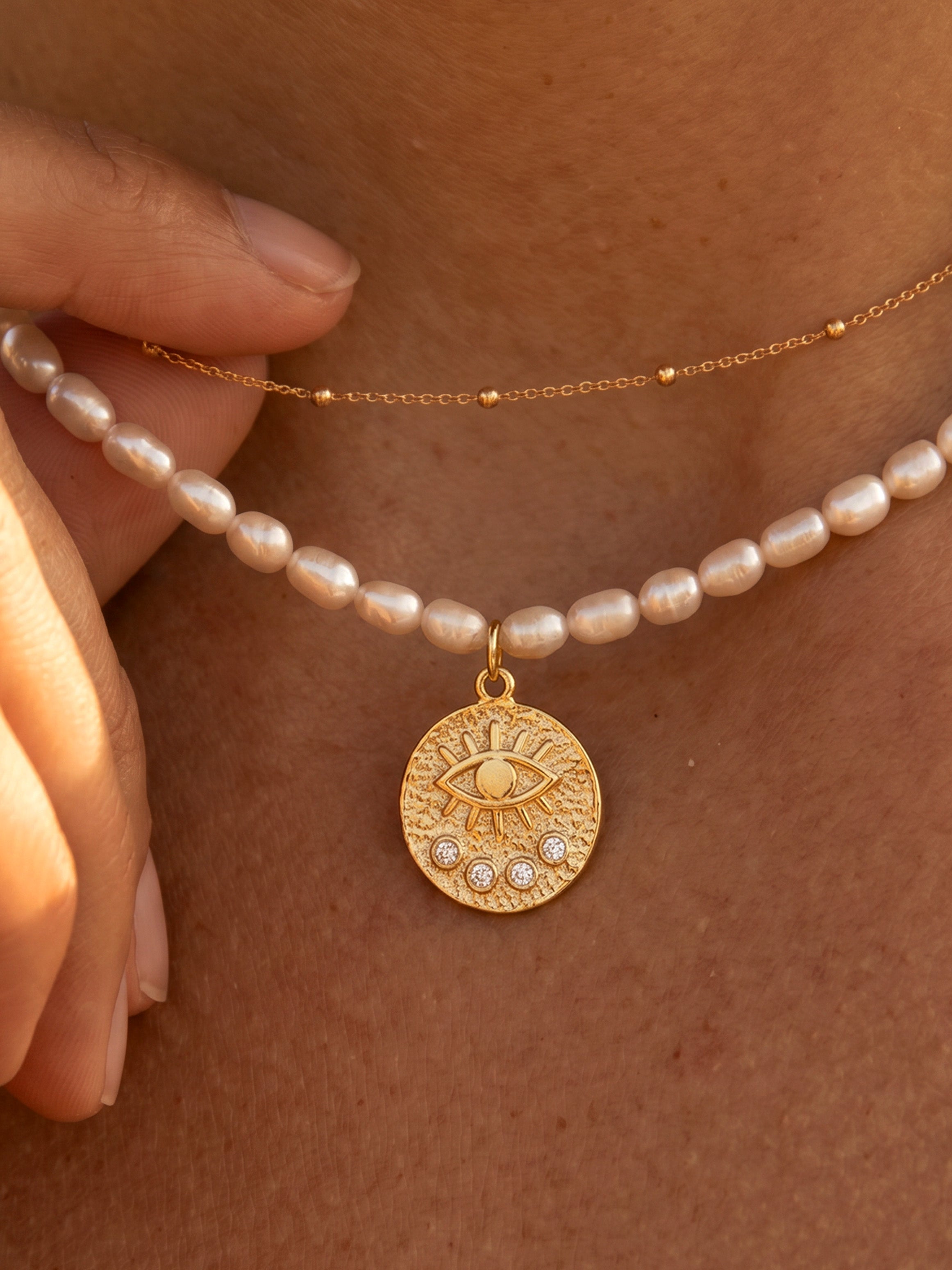 Evil Eye Pearl Coin Necklace