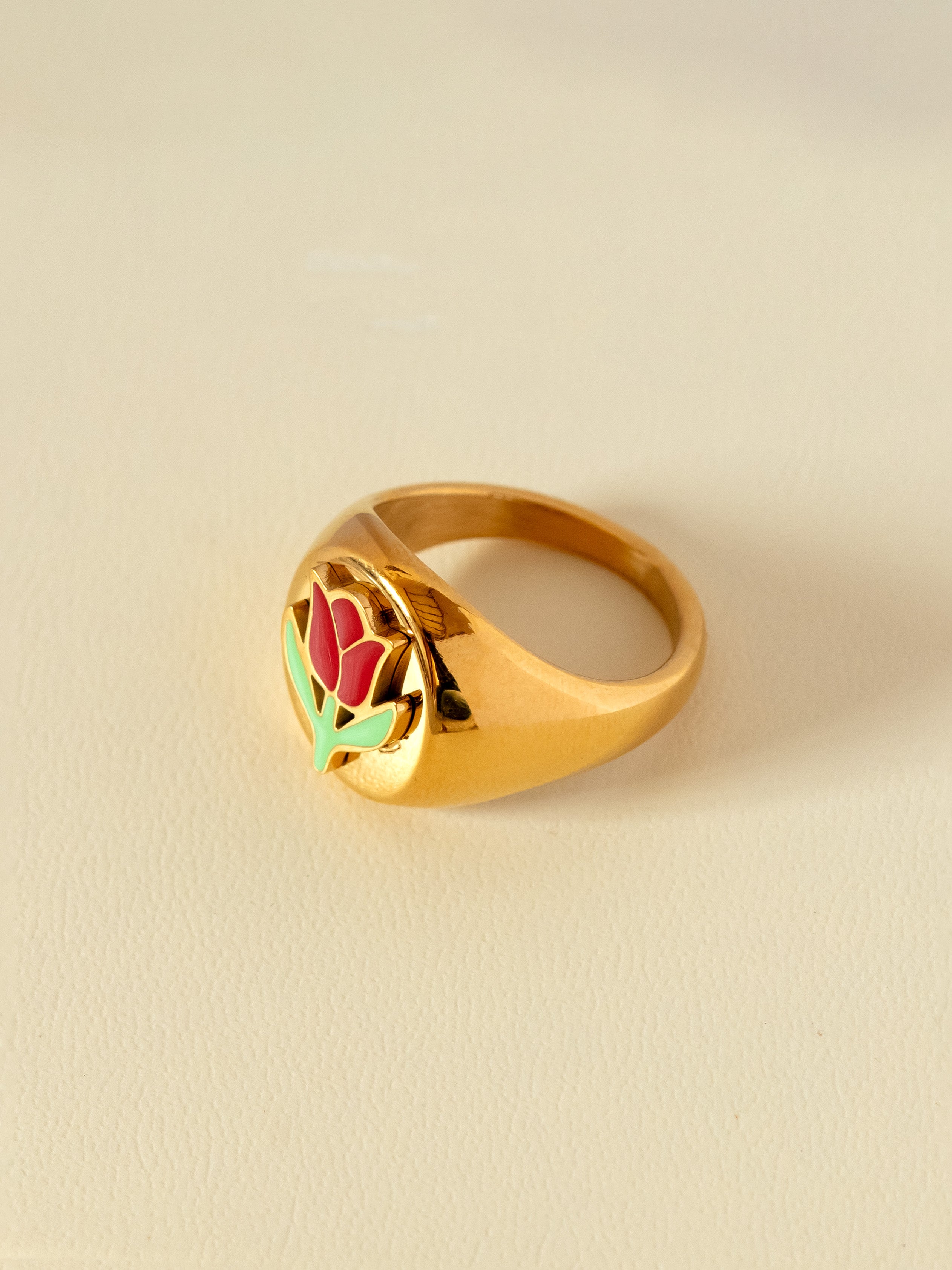 Gold Big Signet Ring With Enamel Tulip Flower