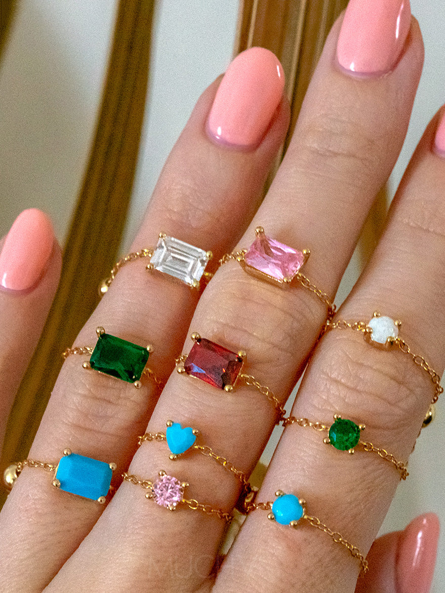 Pink, Blue, Green or Opal Adjustable Chain Ring With Round Stone