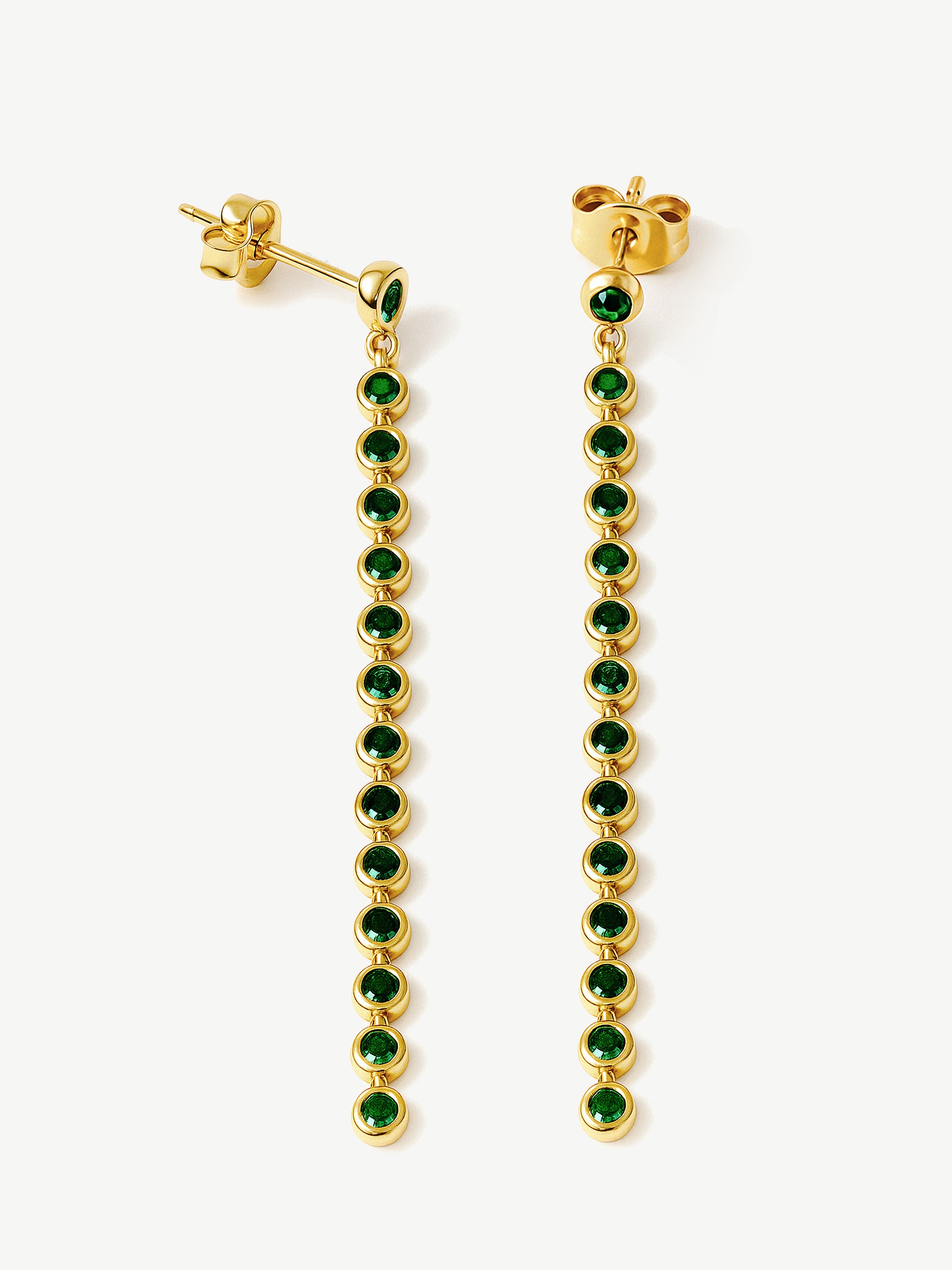 Long Dangle Stud Earrings With Emerald Green Stones