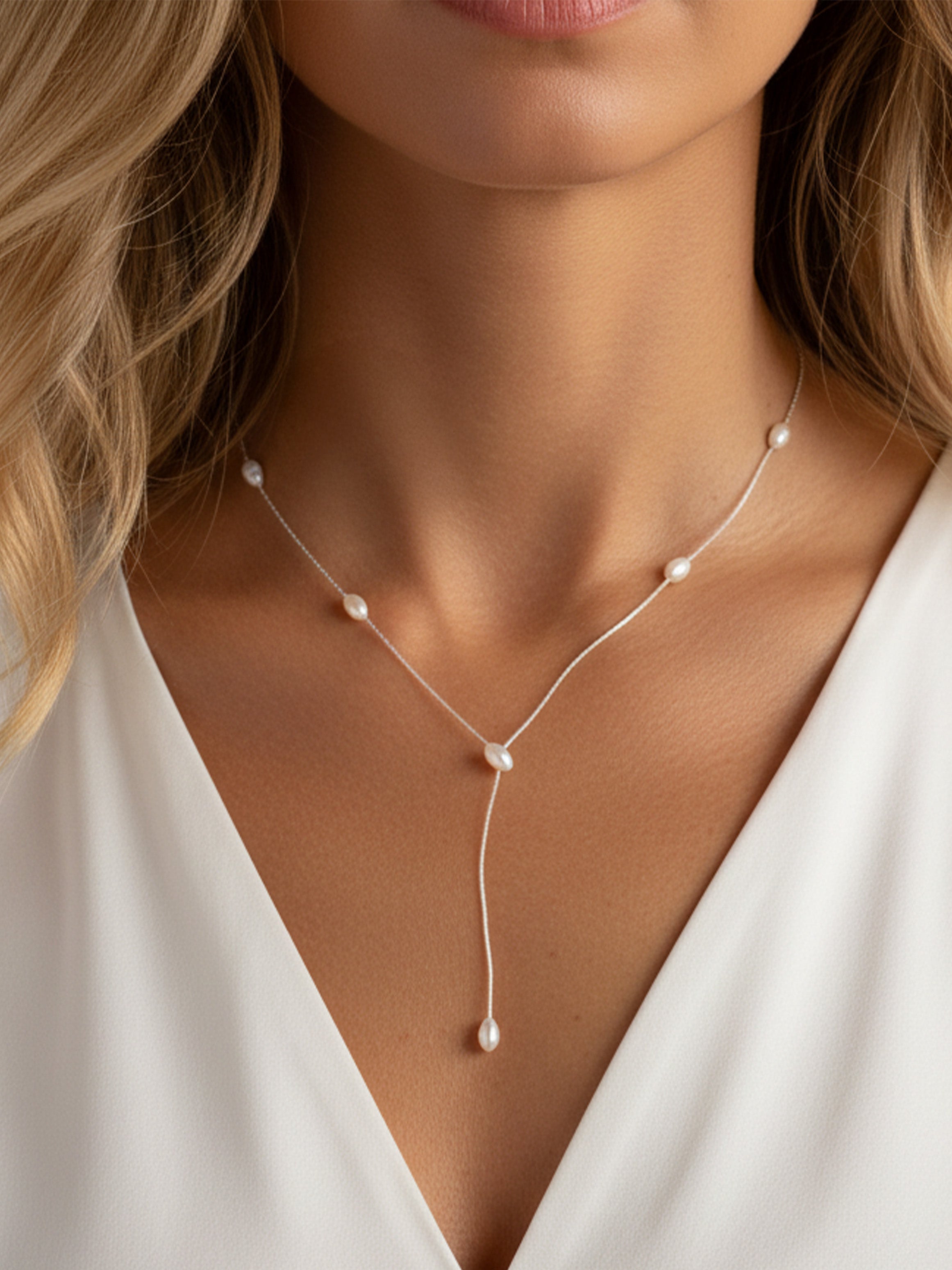 Dainty Lariat Bridal Drop Necklace With Pearls