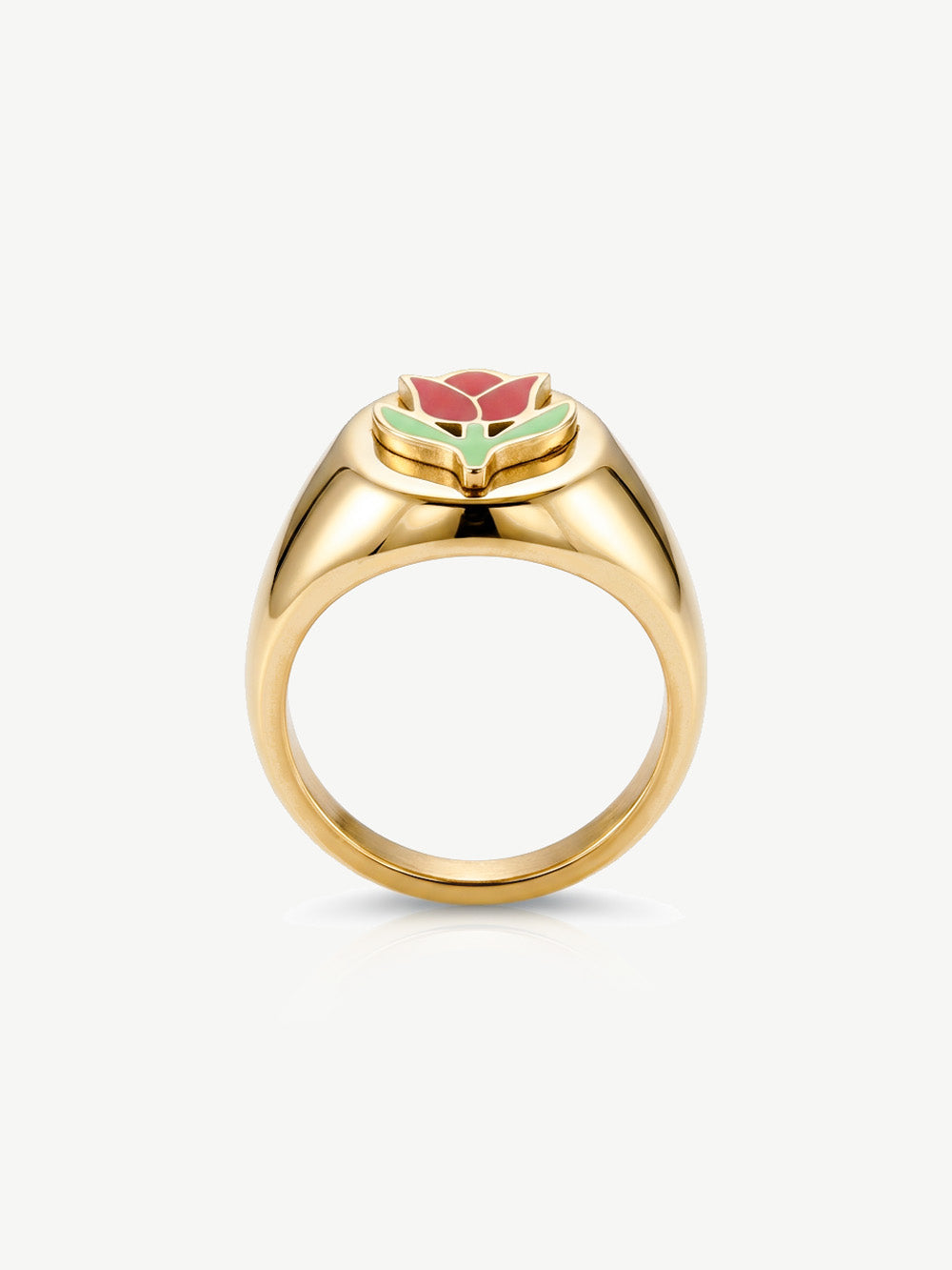 Big Signet Ring With Enamel Red Rose Flower