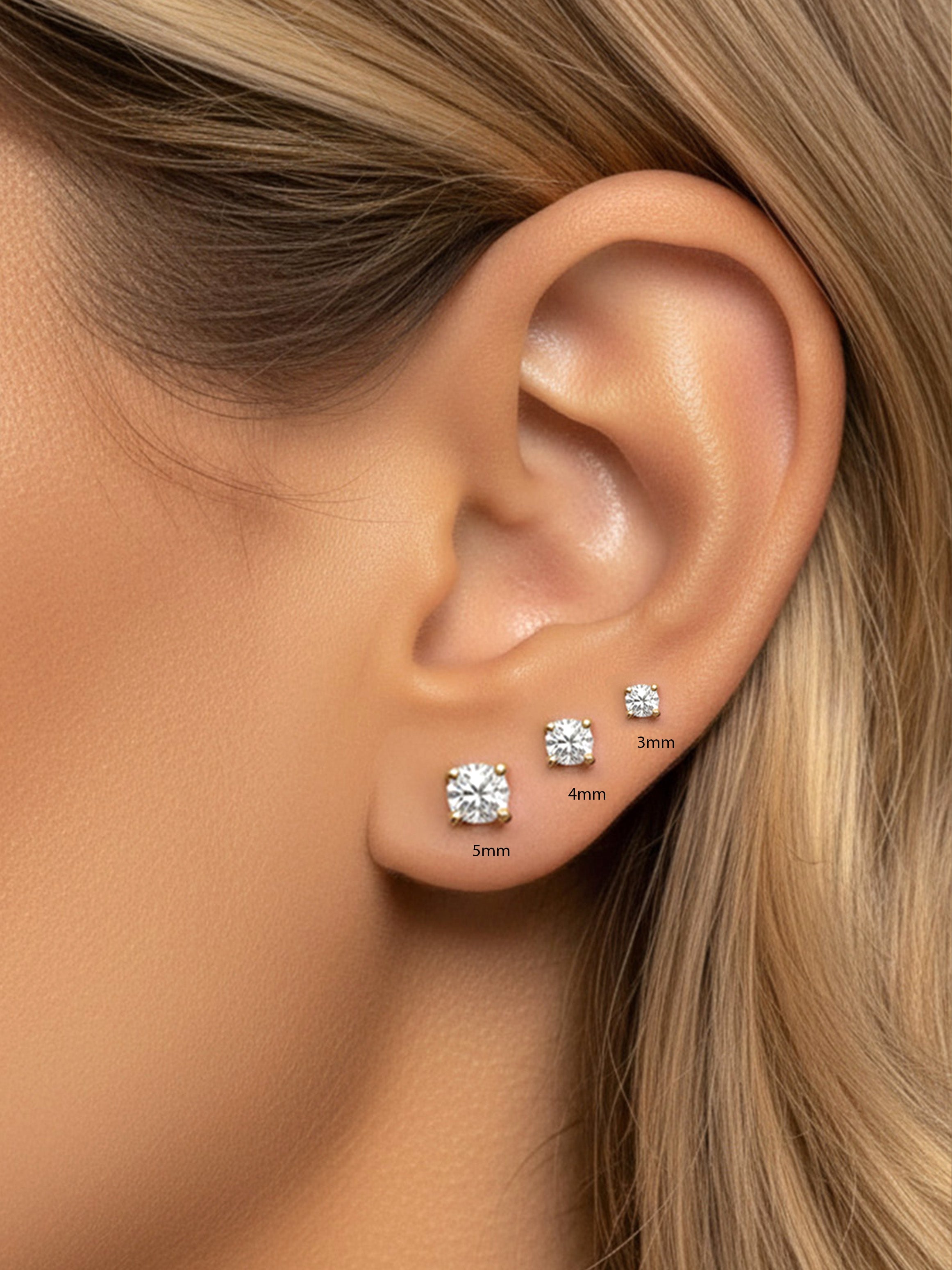 3, 4 or 5mm Solitaire Round Stone Earrings - Screw Back