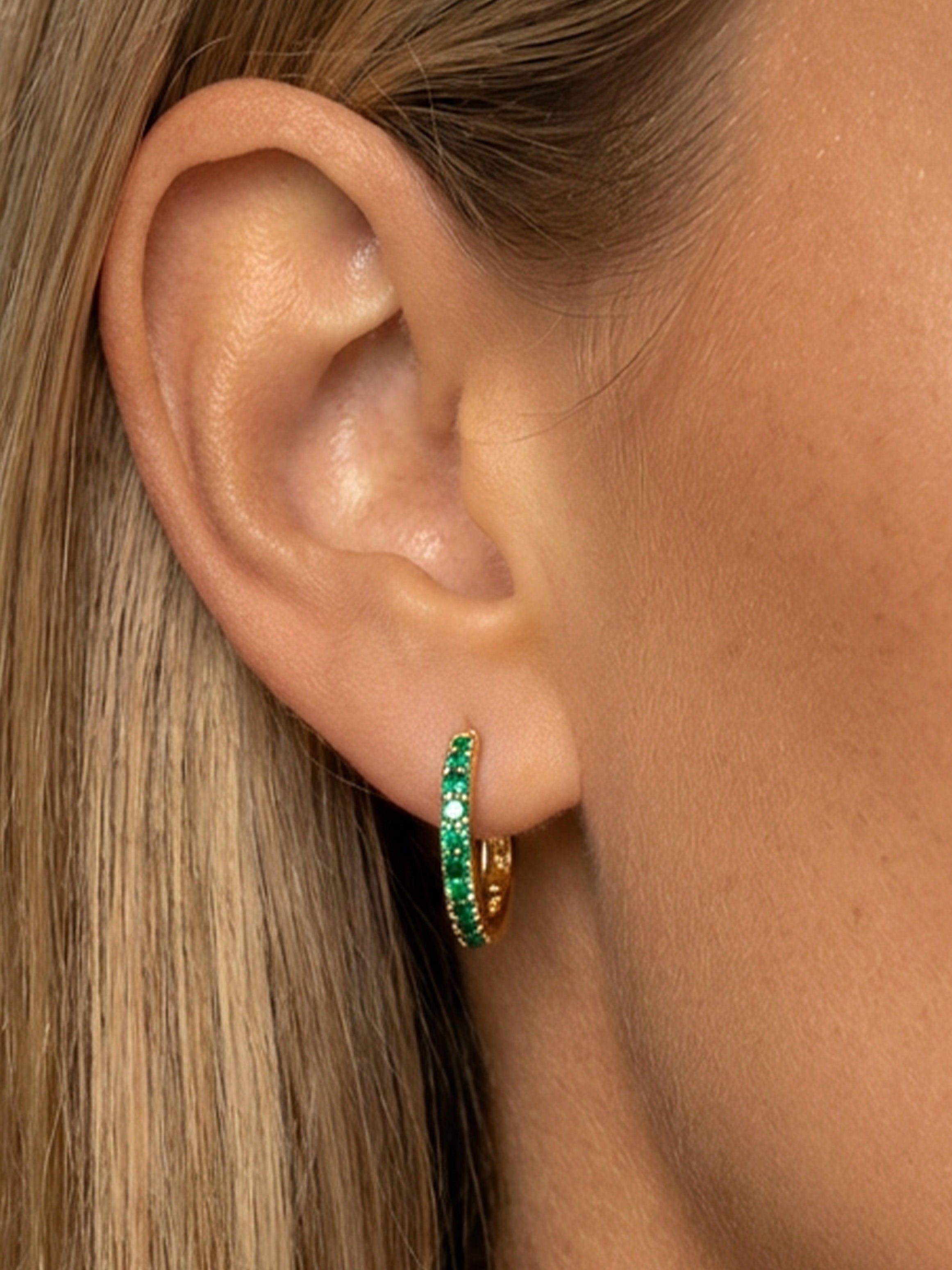 Small Hoop Earrings With Emerald Green Stones