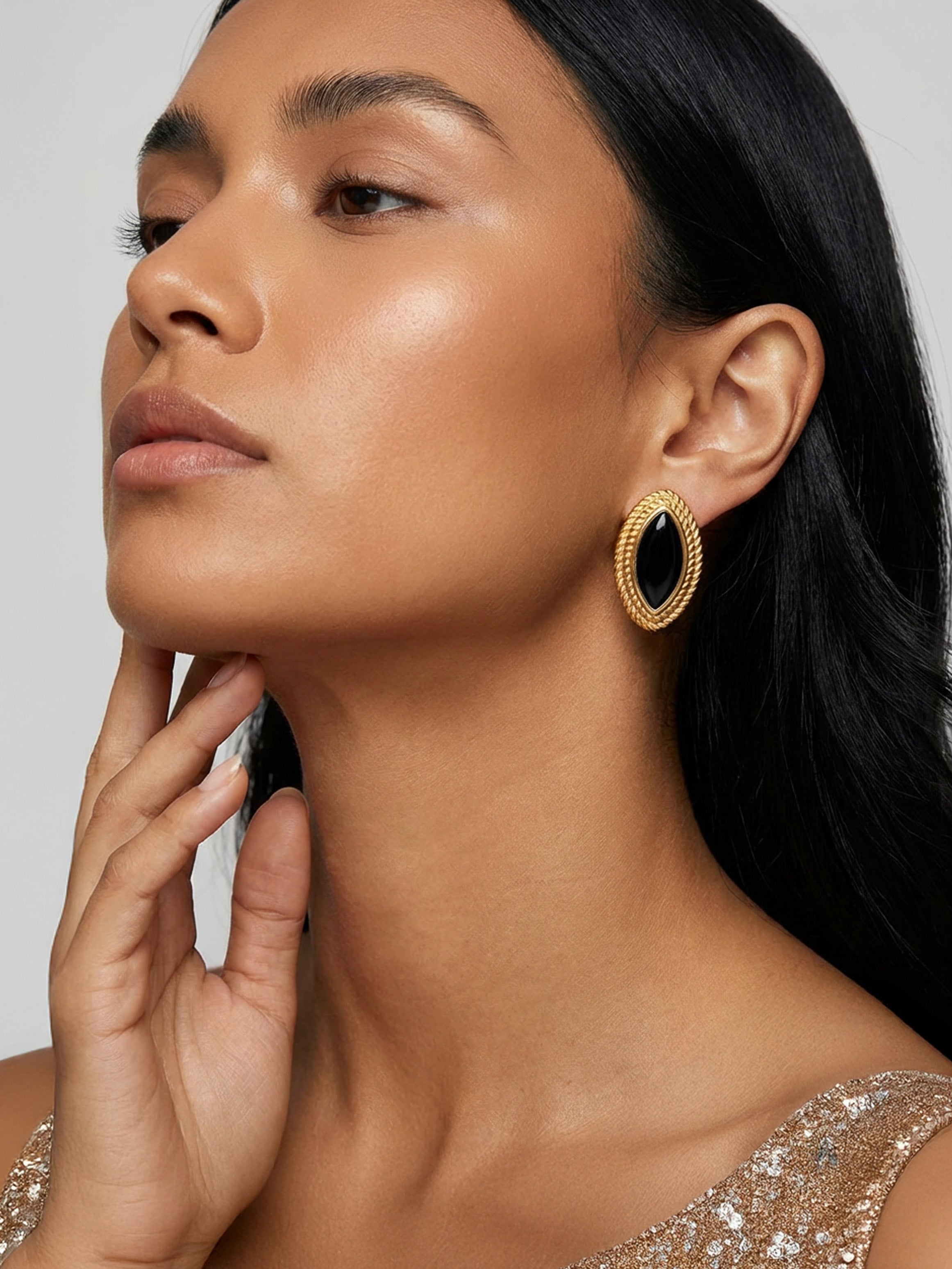 Oval Marquise Stud Earrings With Black Stone