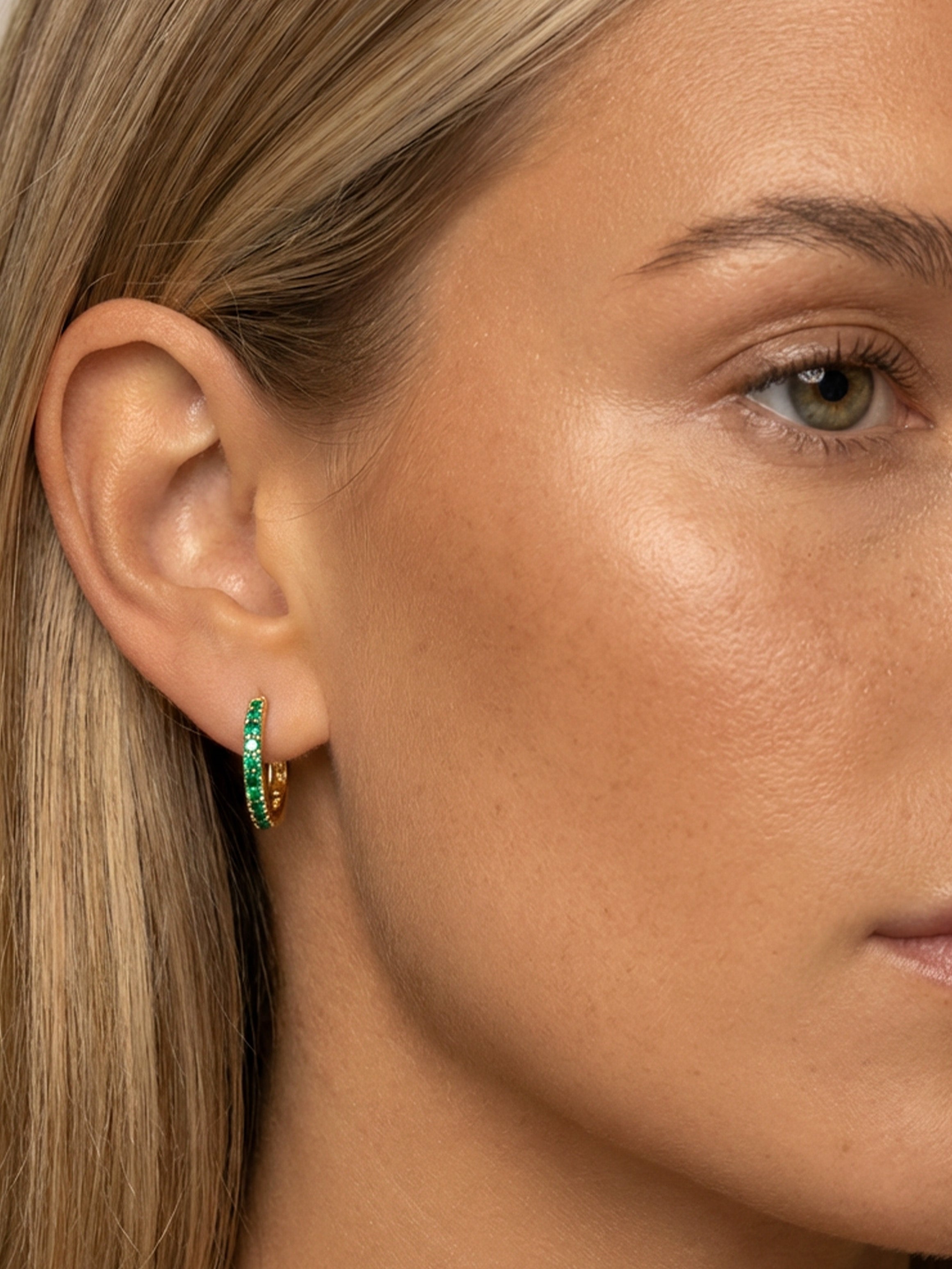 Small Hoop Earrings With Emerald Green Stones