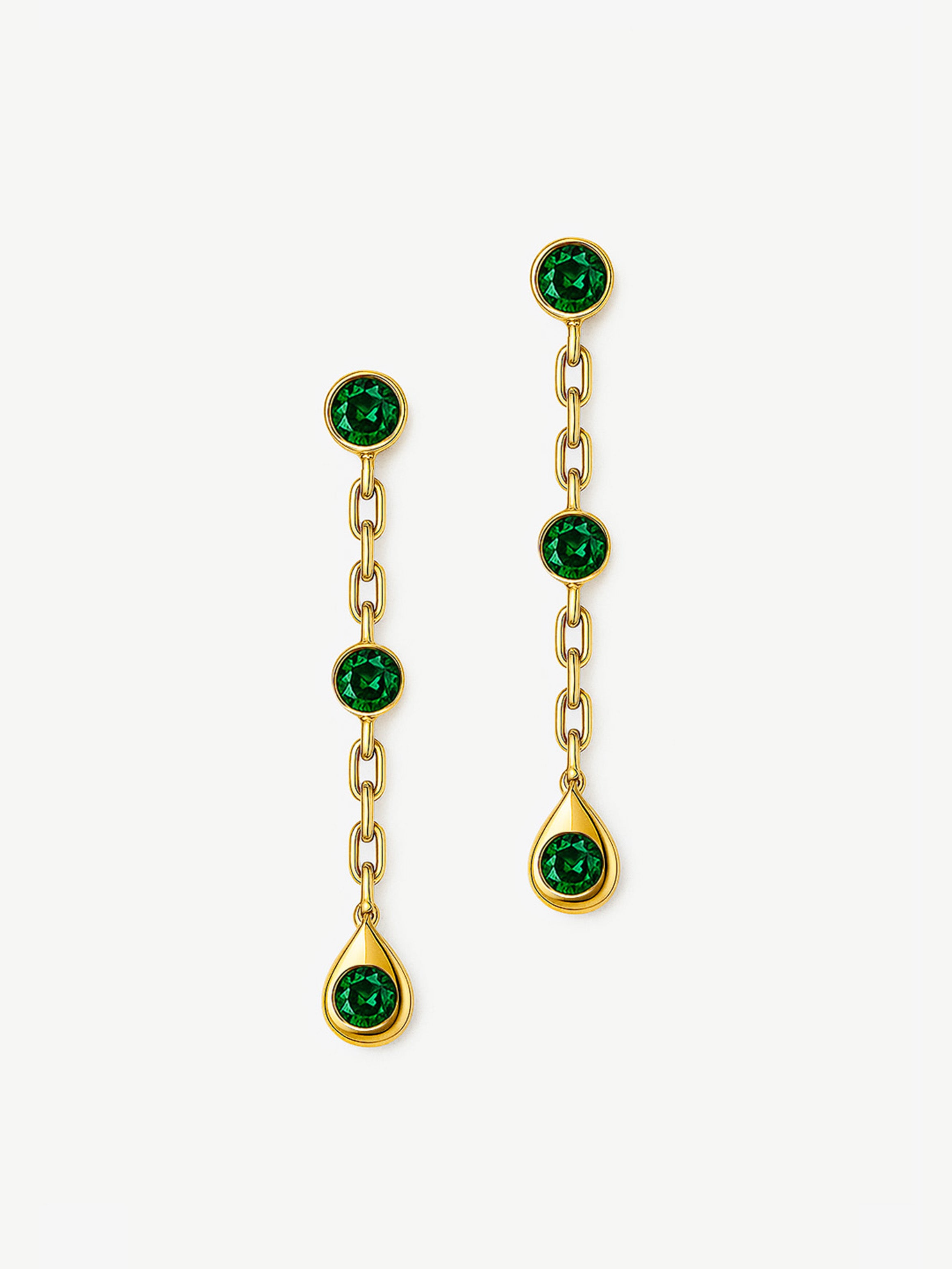 Gold Dangle Chain Earrings With Emerald Green Stones