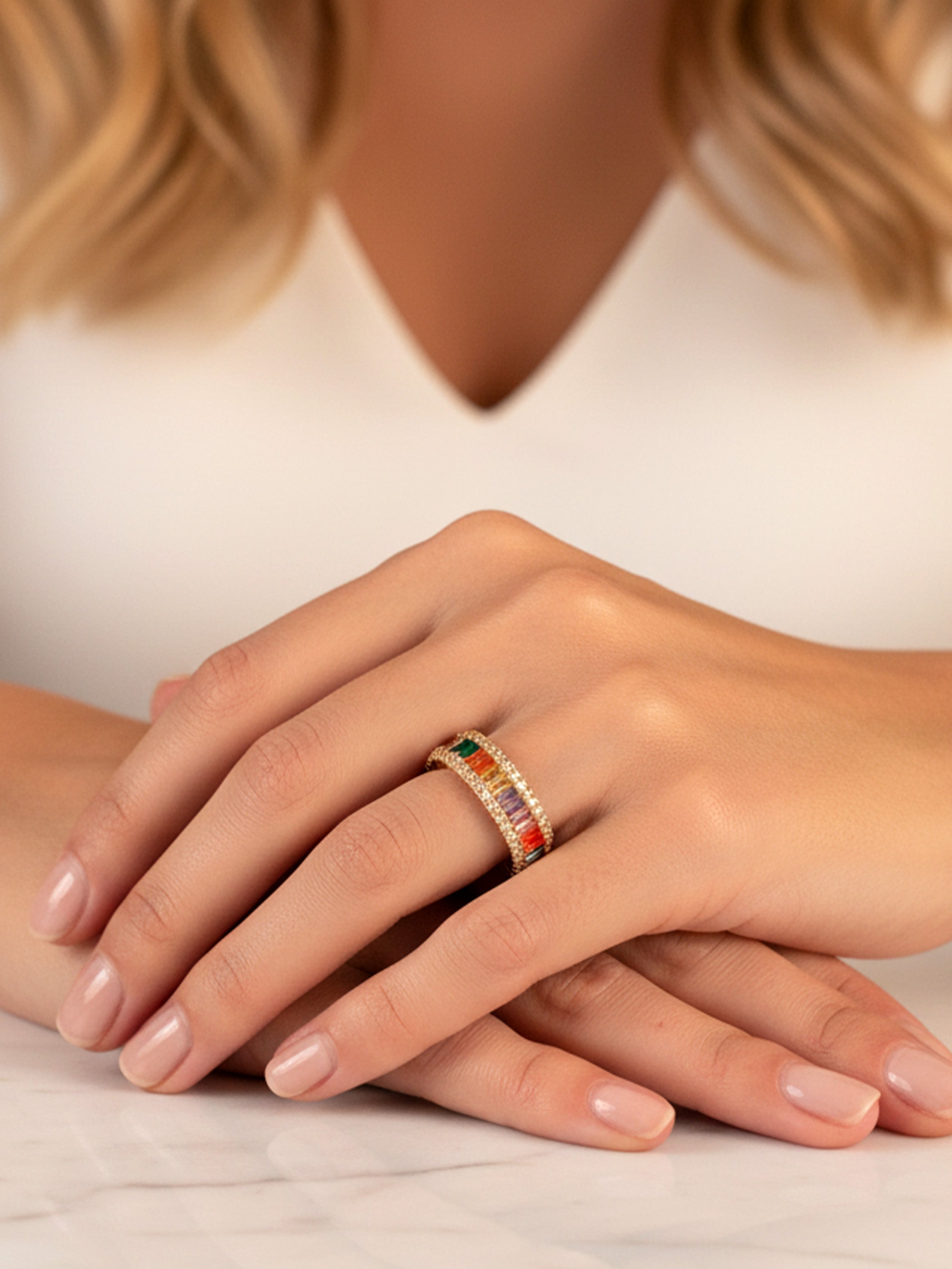Thick Rainbow Ring With Colourful Baguette Stones
