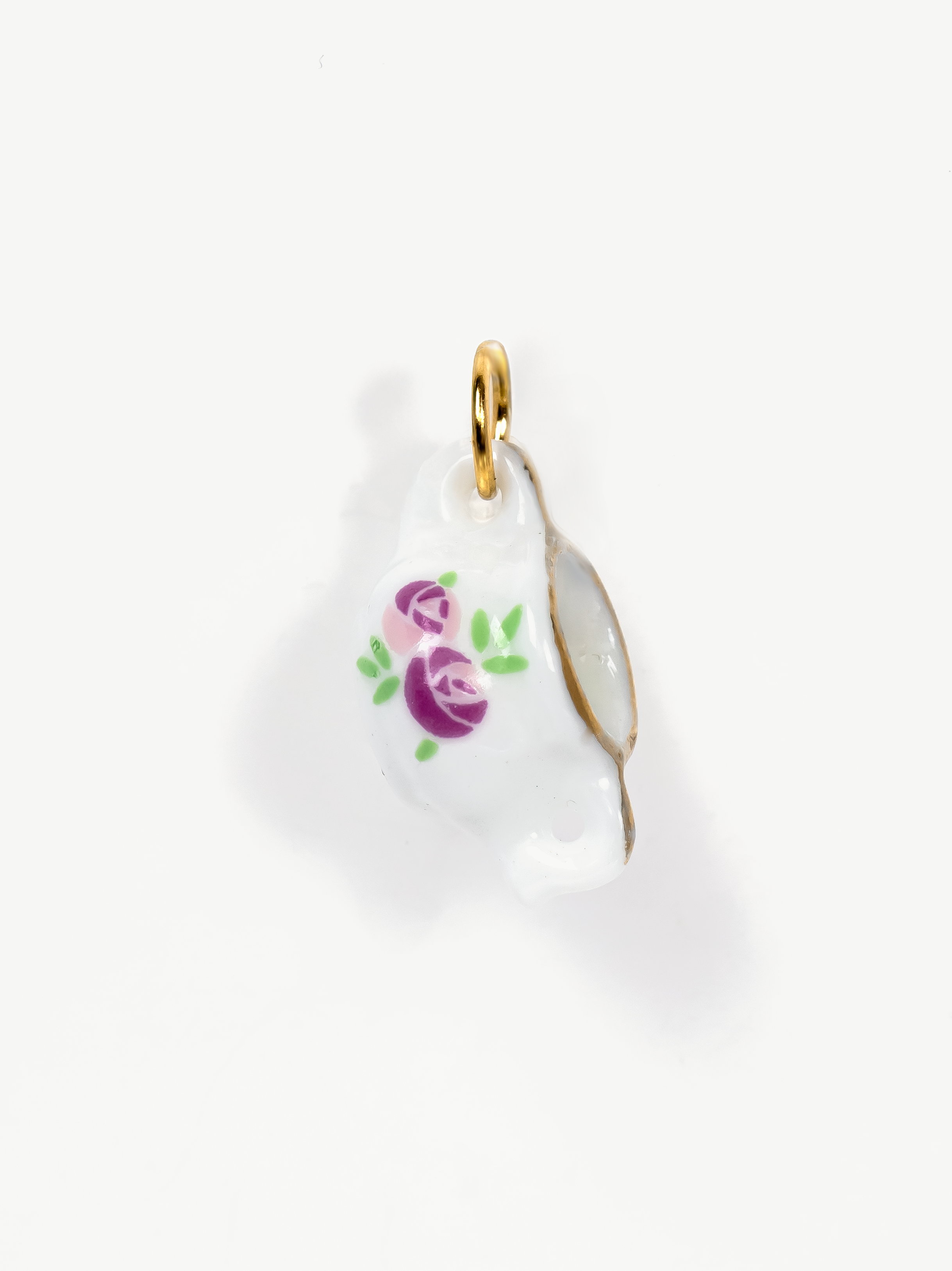 Porcelain Tea Cup Charm With Two Handles - Pink Peony (Small)