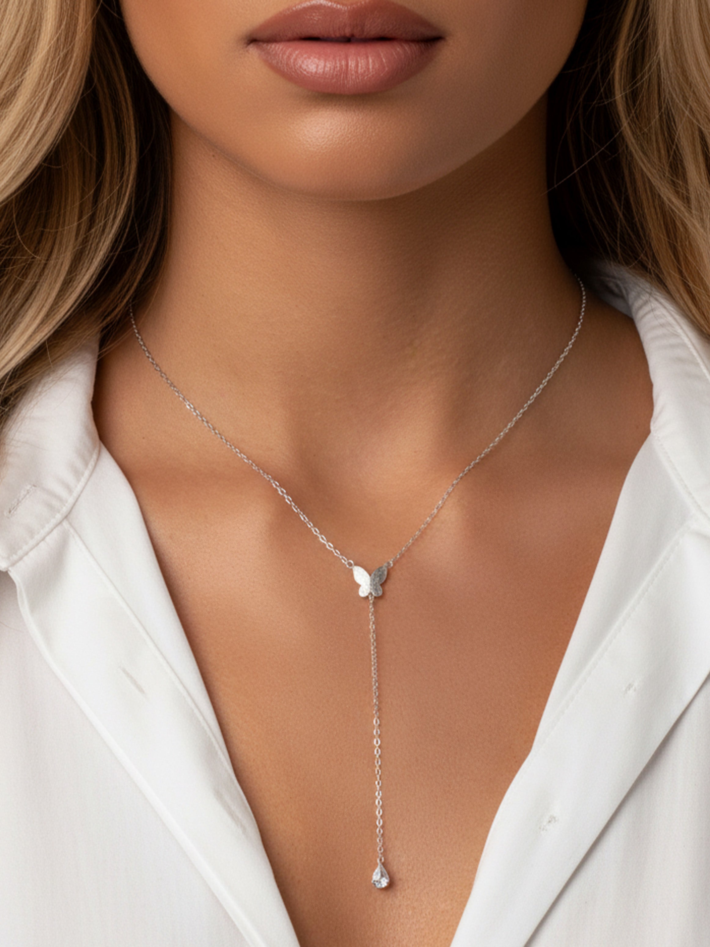 Lariat Drop Necklace With Butterfly & Pear Stone