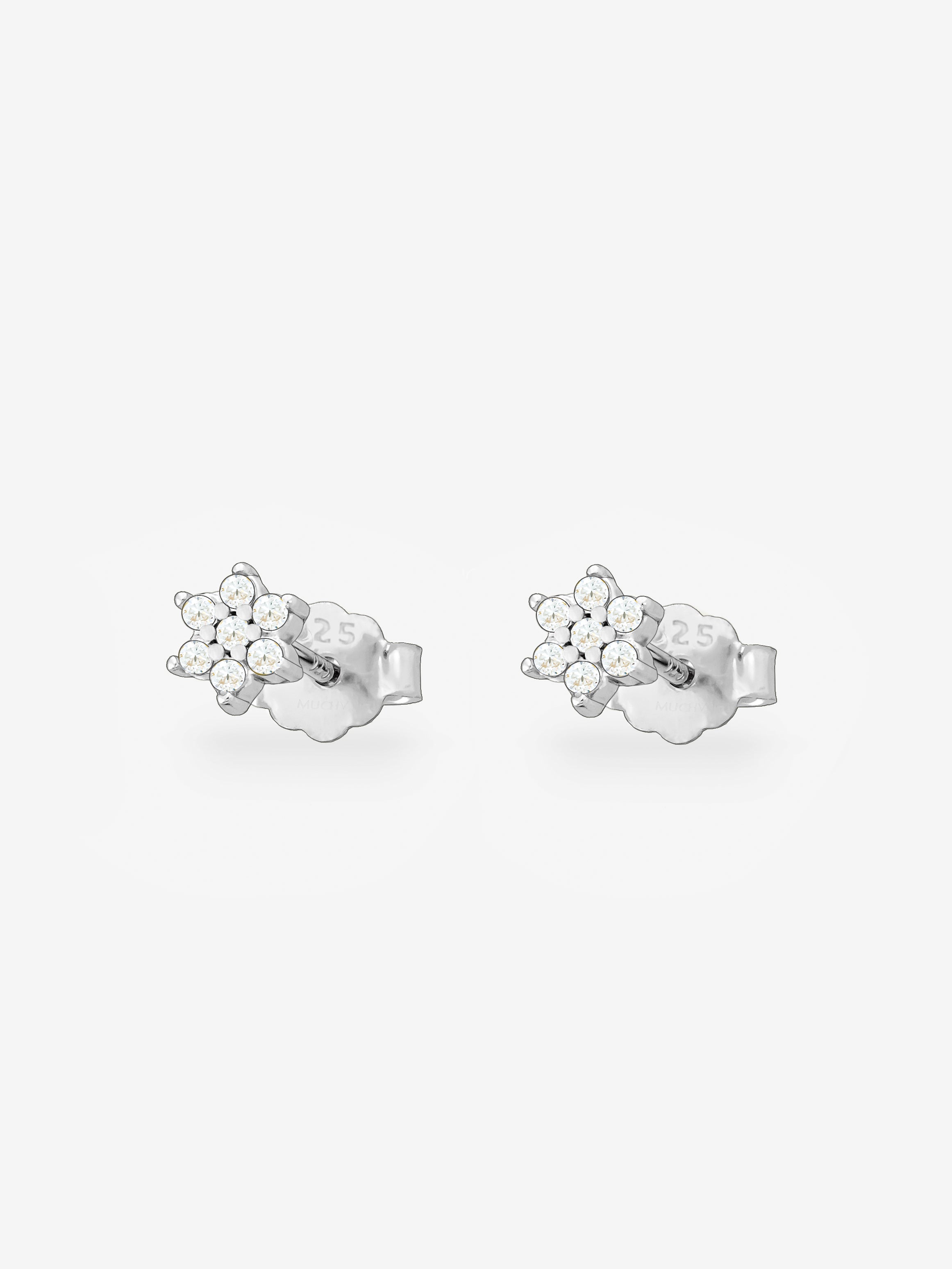 Silver Tiny Flower Stud Earrings With Sparkling Stones
