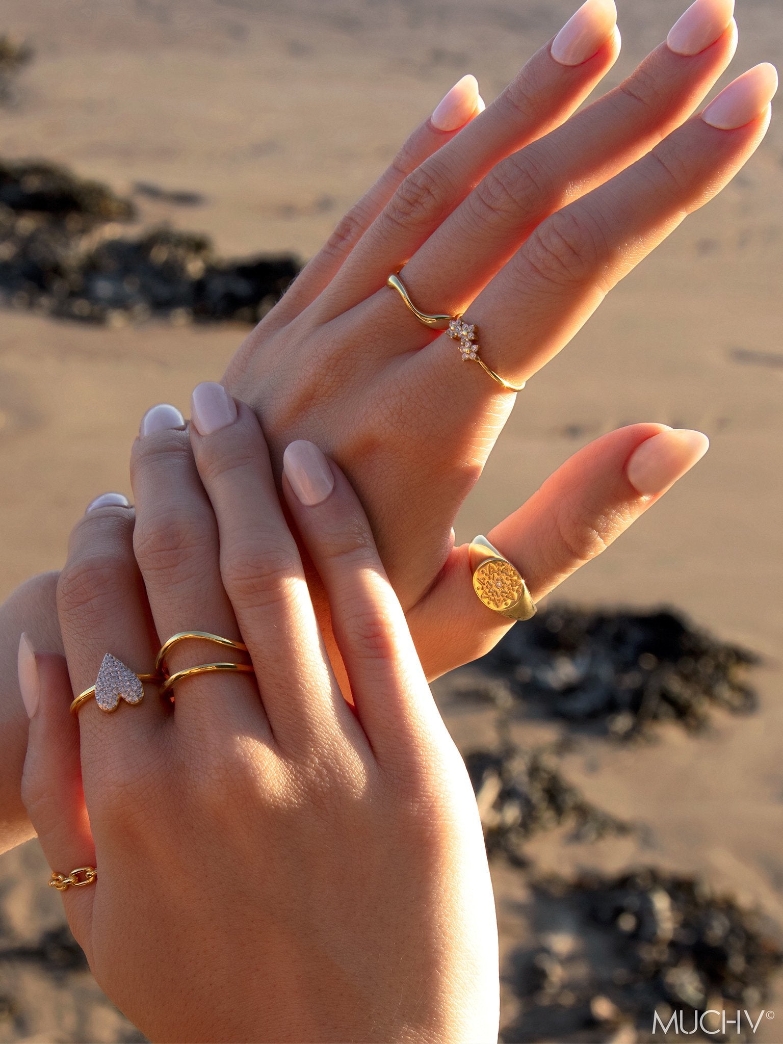 Gold Adjustable Wave Ring - Double Curved Wave (18ct Gold Plated 925 Sterling Silver) - Muchv Jewellery