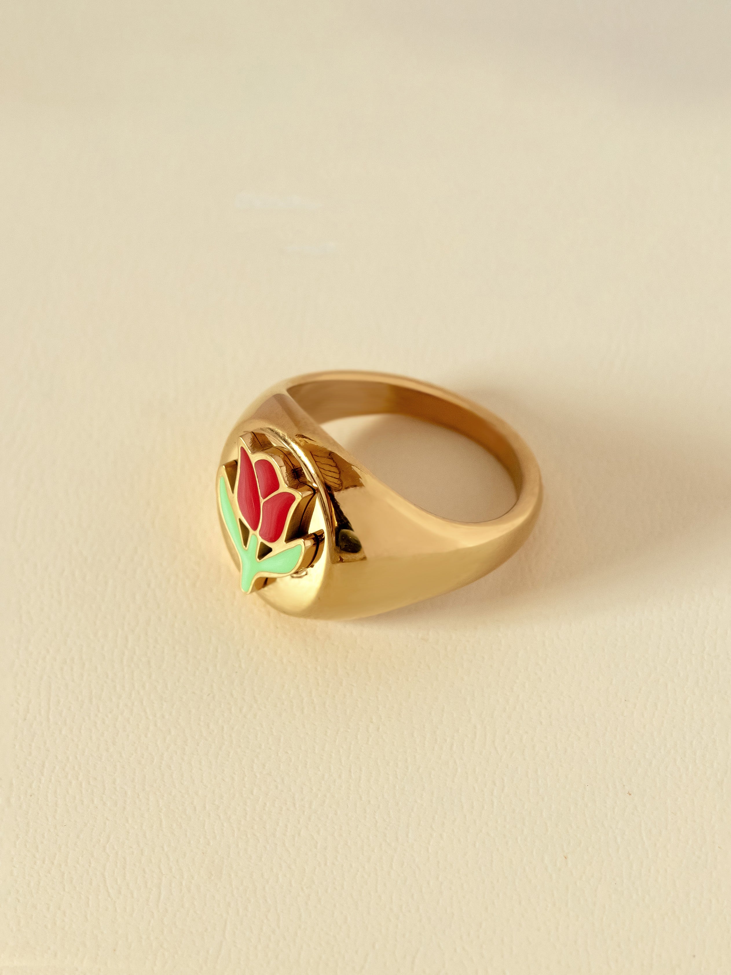 Big Signet Ring With Enamel Red Rose Flower