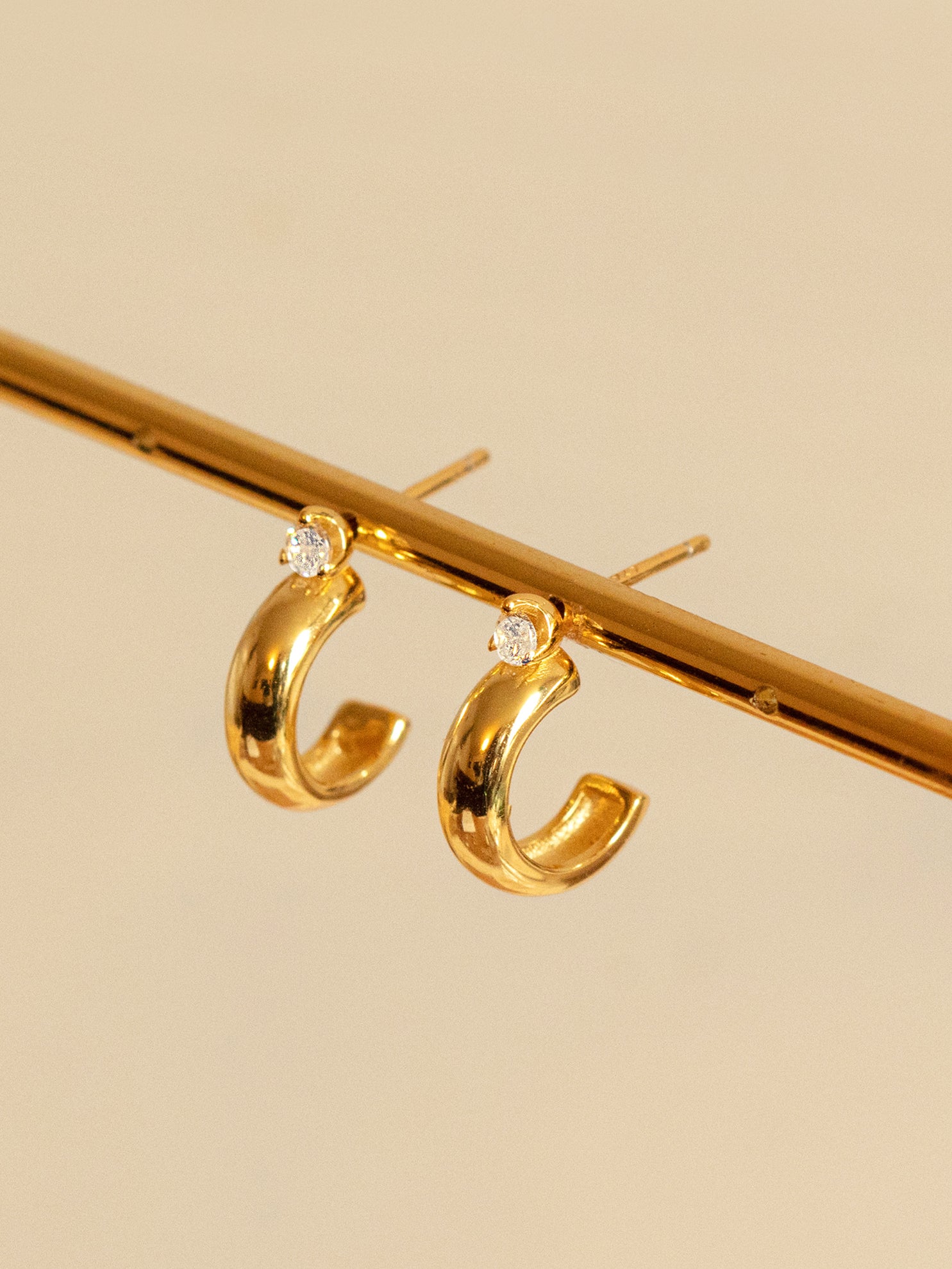 Gold Huggie Hoop Stud Earrings With Sparkling Stone