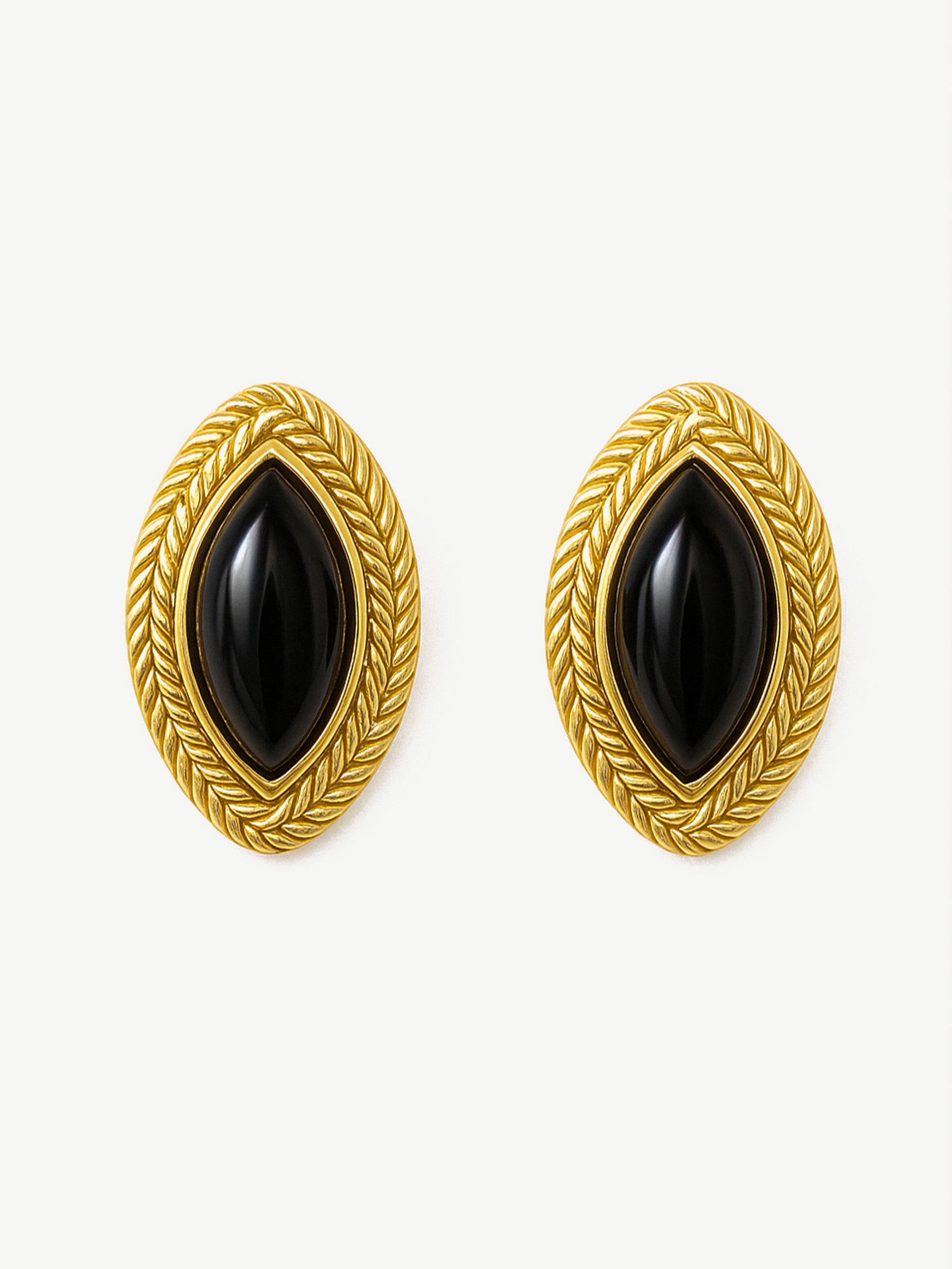 Oval Marquise Stud Earrings With Black Stone