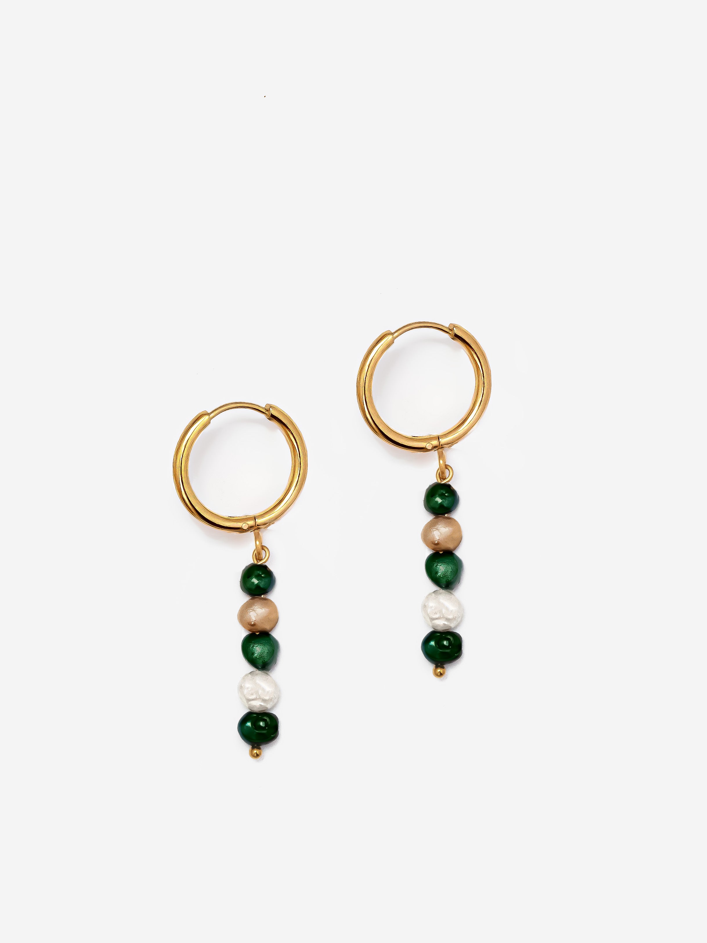 Solid Small Hoop Earrings With Green, Grey & Beige Dyed Pearls (1.4cm)