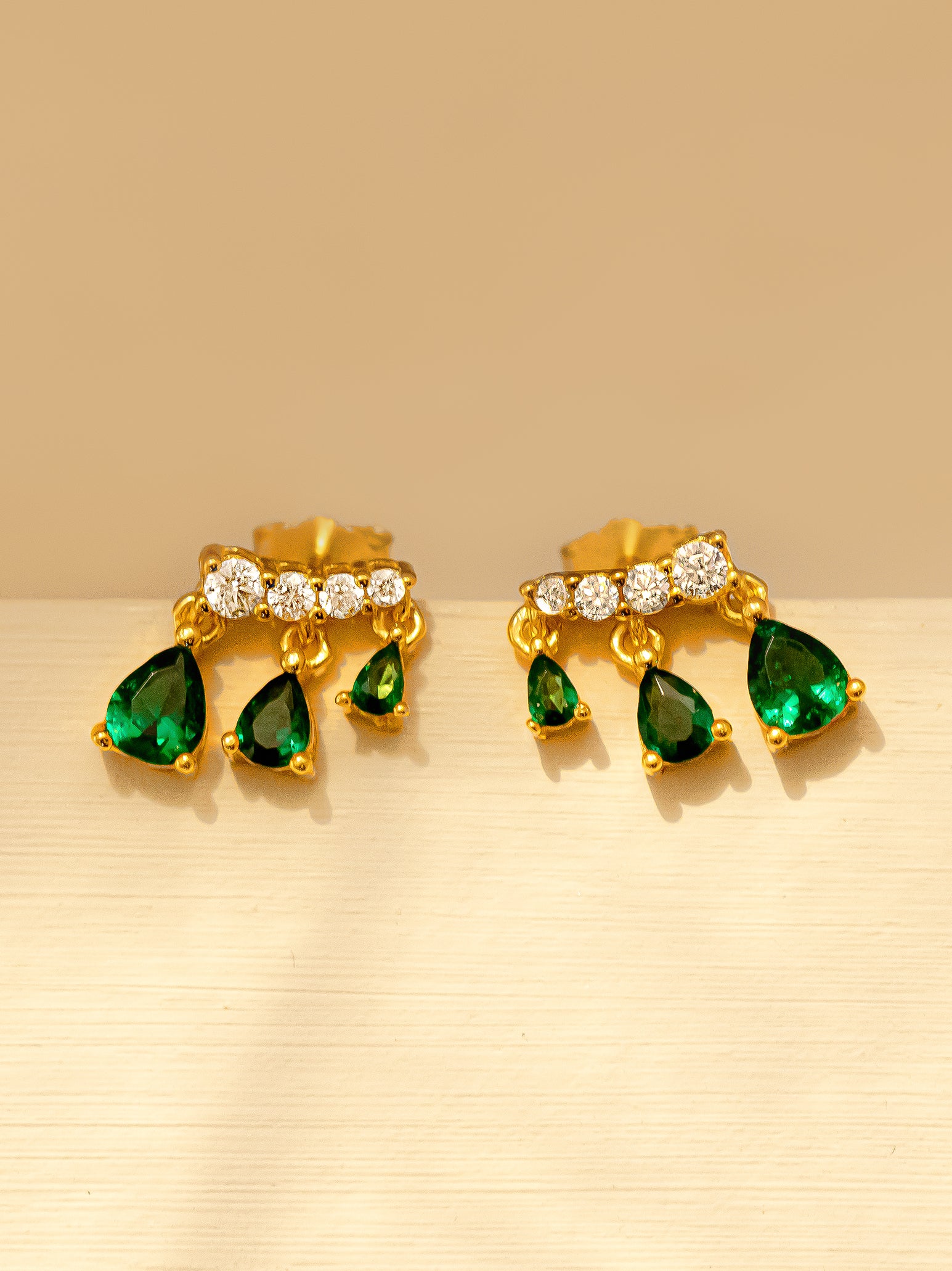 Gold Charm Stud Earrings - Emerald Green Stones