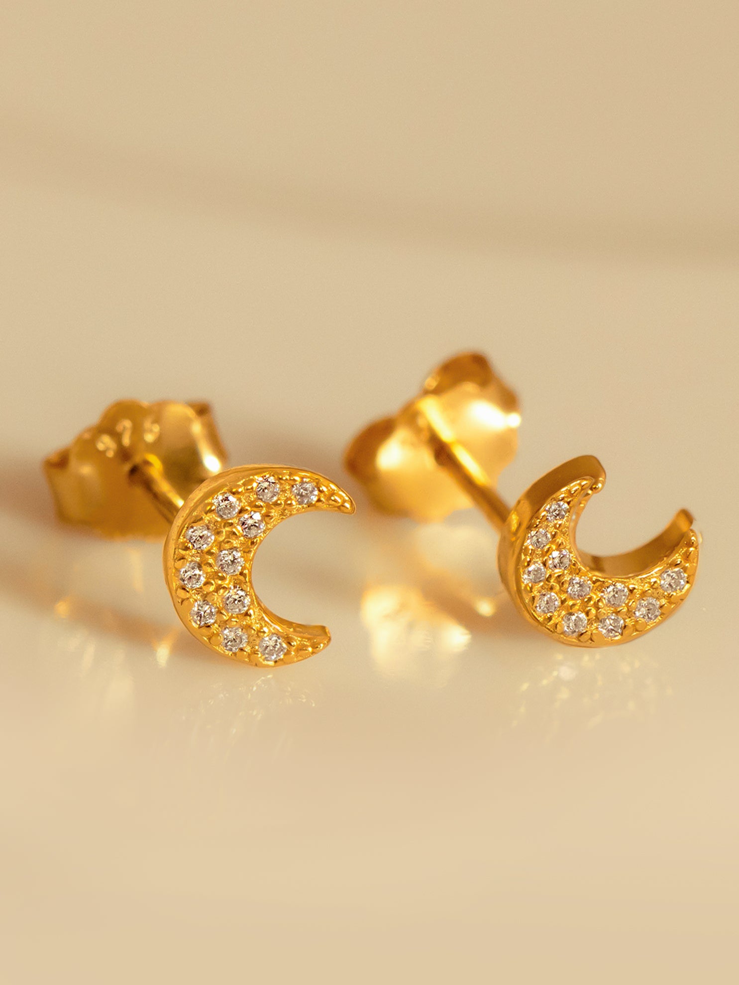 Gold Tiny Moon Stud Earrings With Stones
