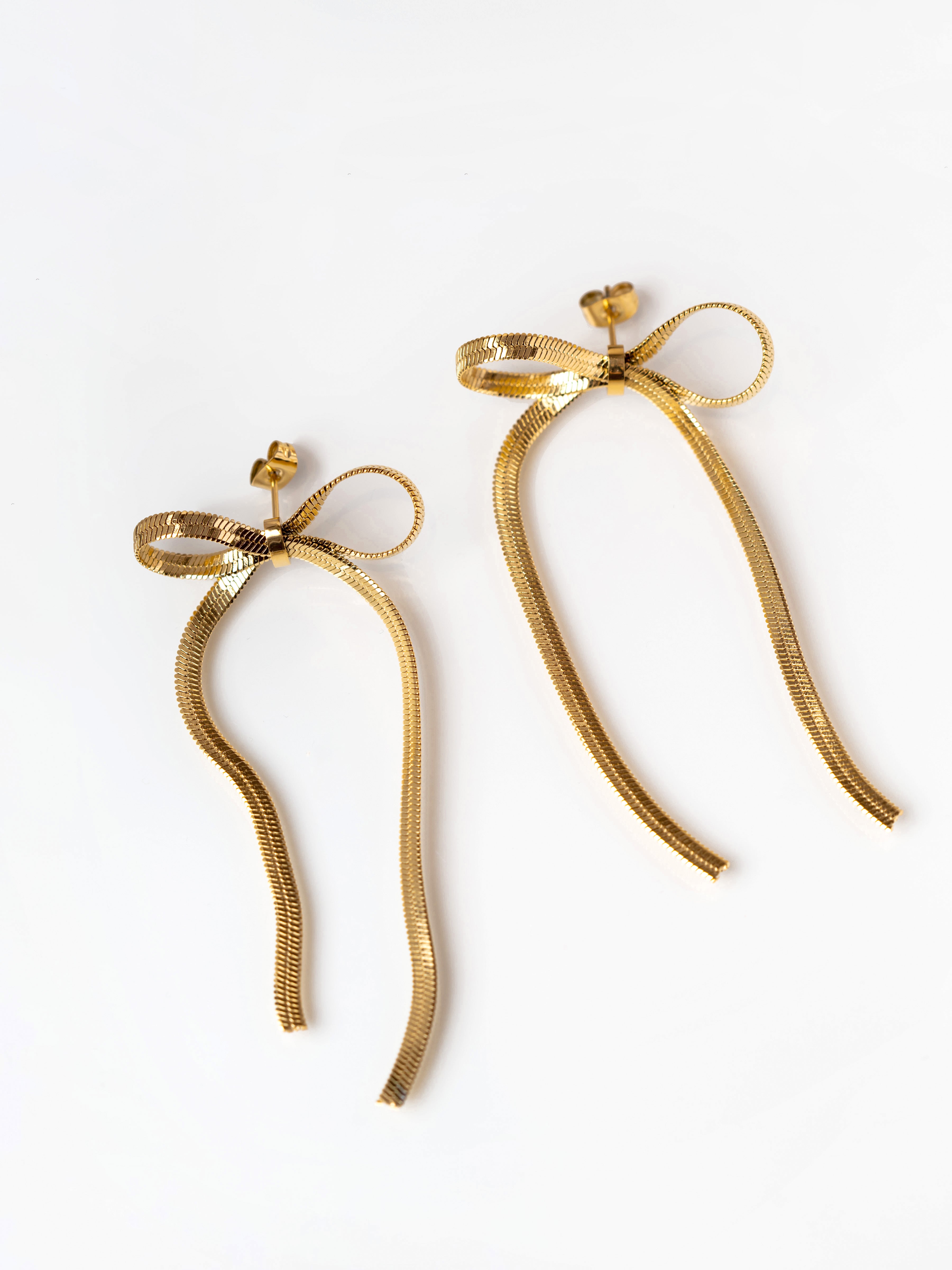 Gold Bow Stud Earrings With Herringbone Chain