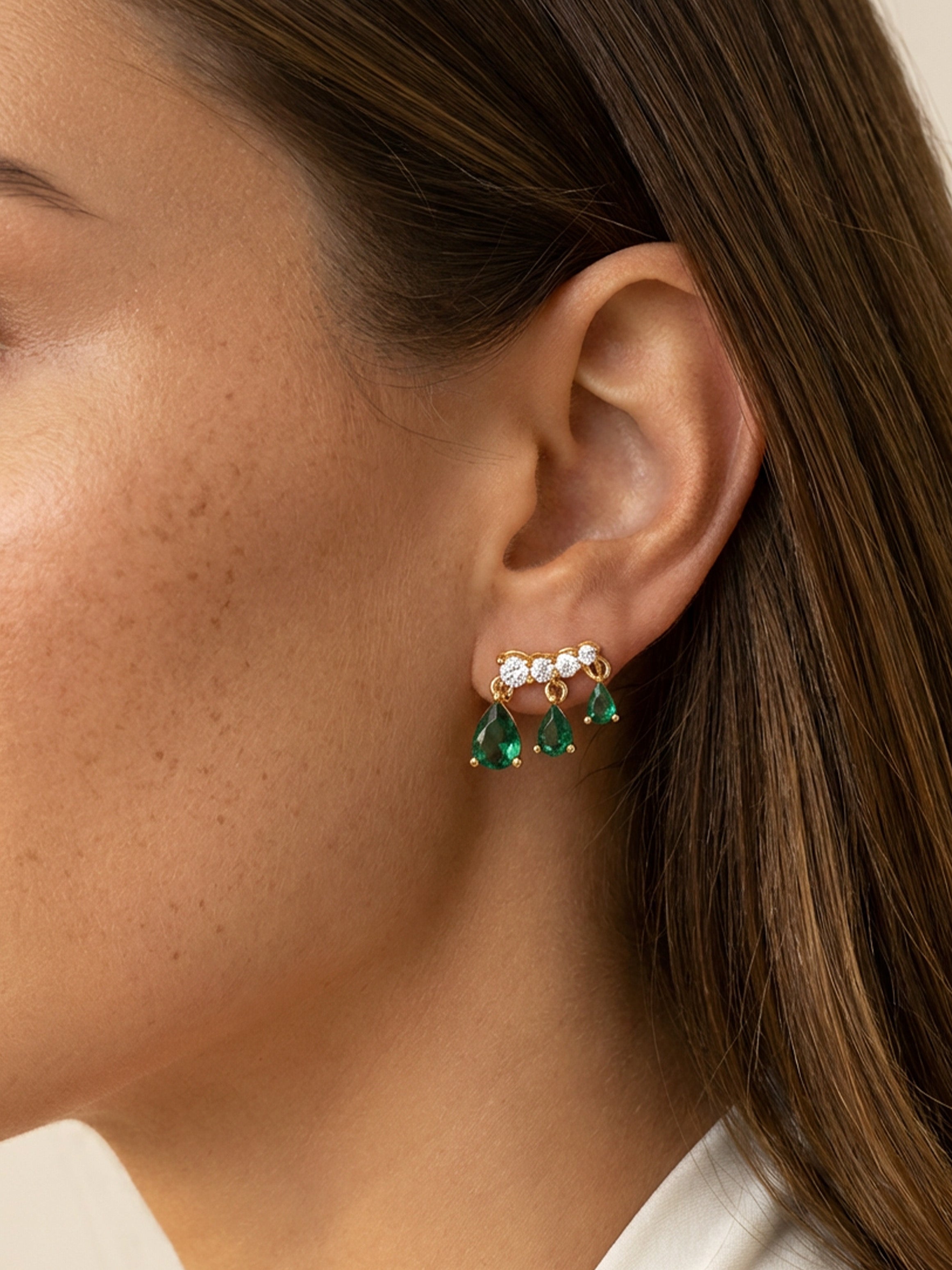 Dangle Stud Earrings With Emerald Green Stones