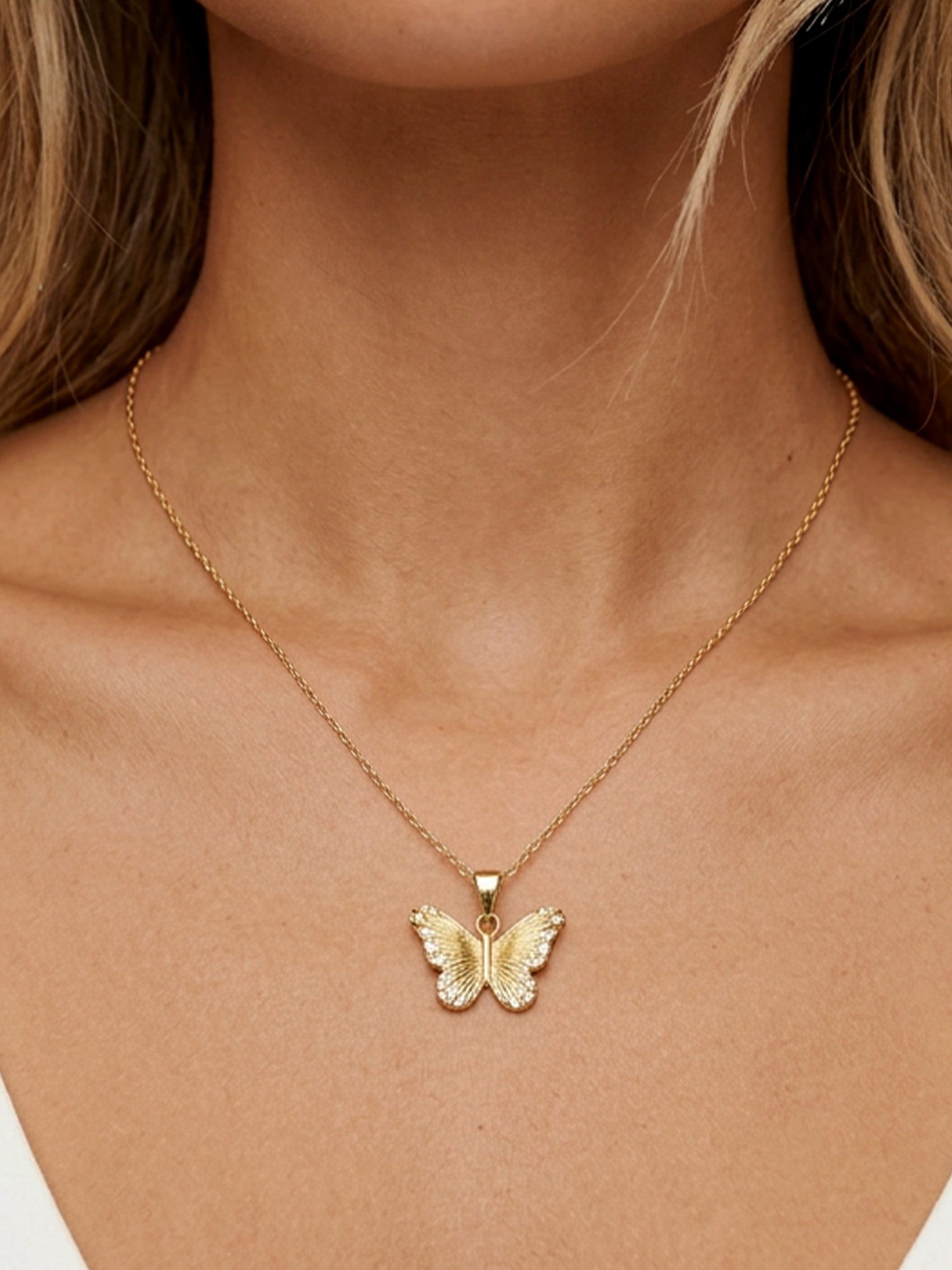 Textured Butterfly Necklace With Stones
