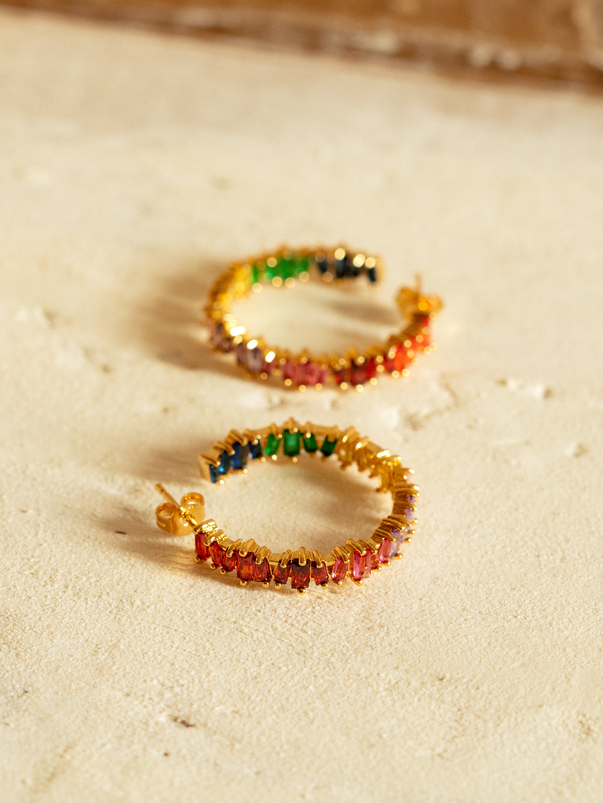 Gold Large Hoop Earrings With Colourful Stones