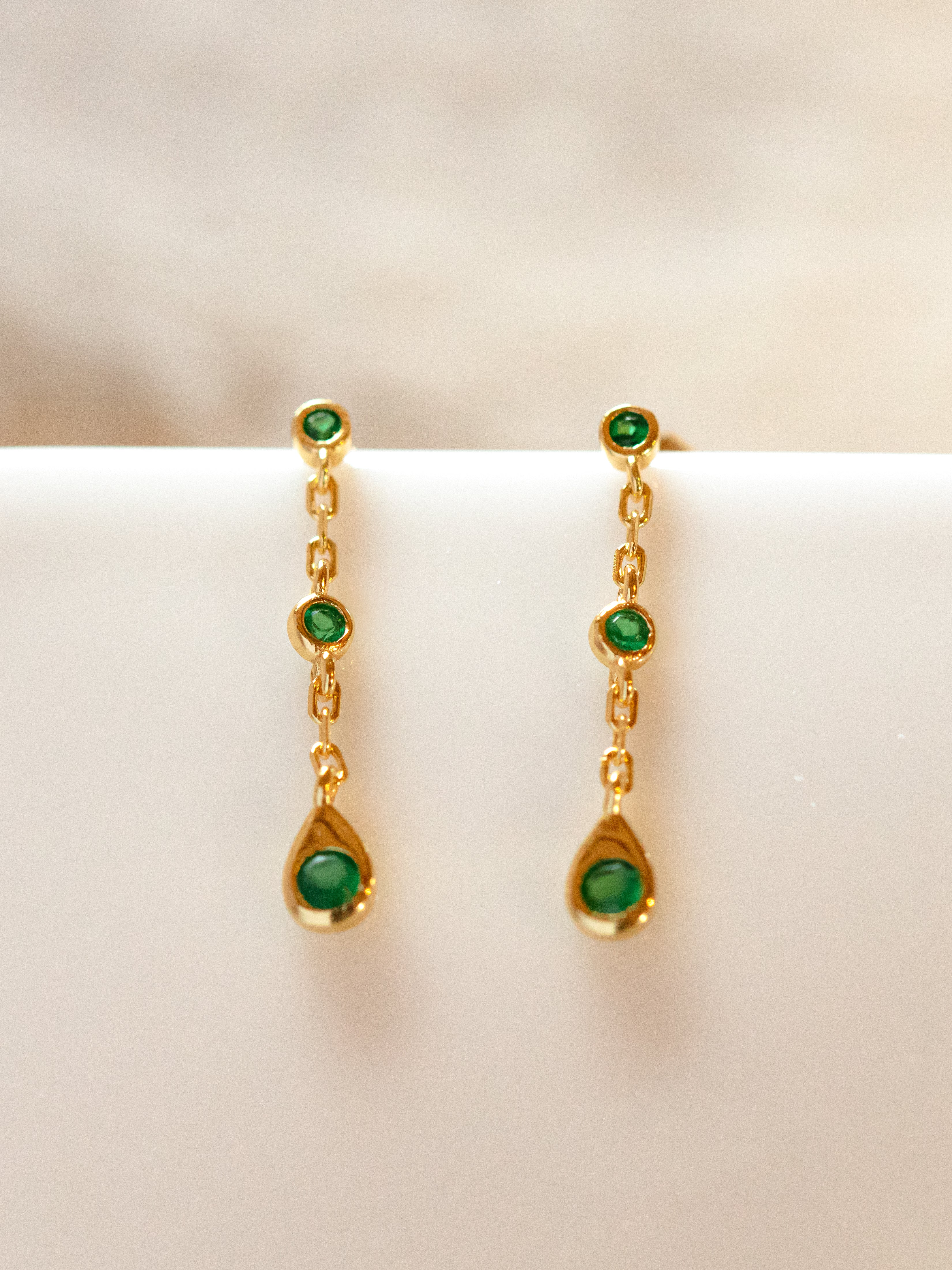 Gold Dangle Chain Earrings With Emerald Green Stones