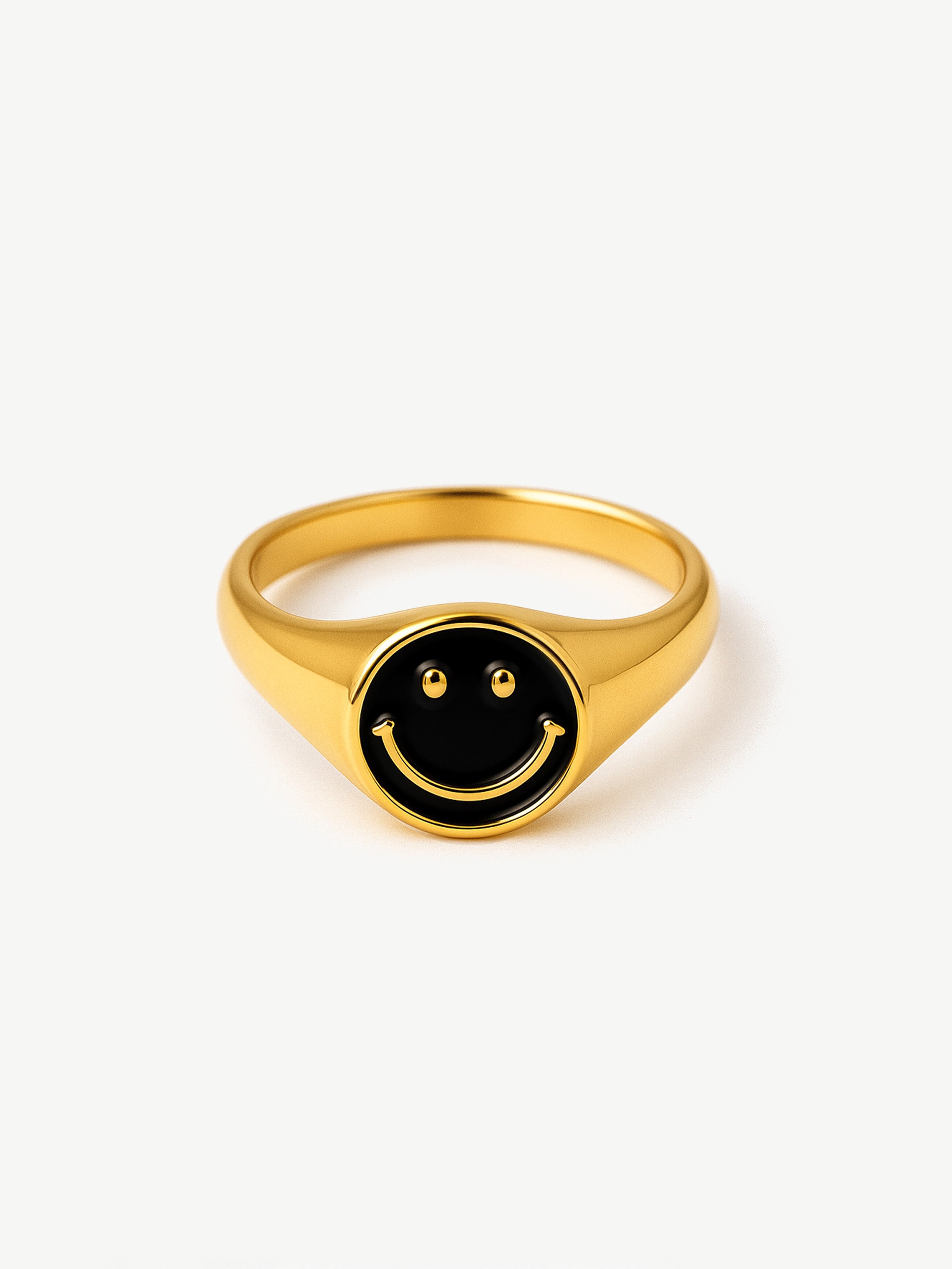 Gold Happy Face Signet Ring - Black Enamel