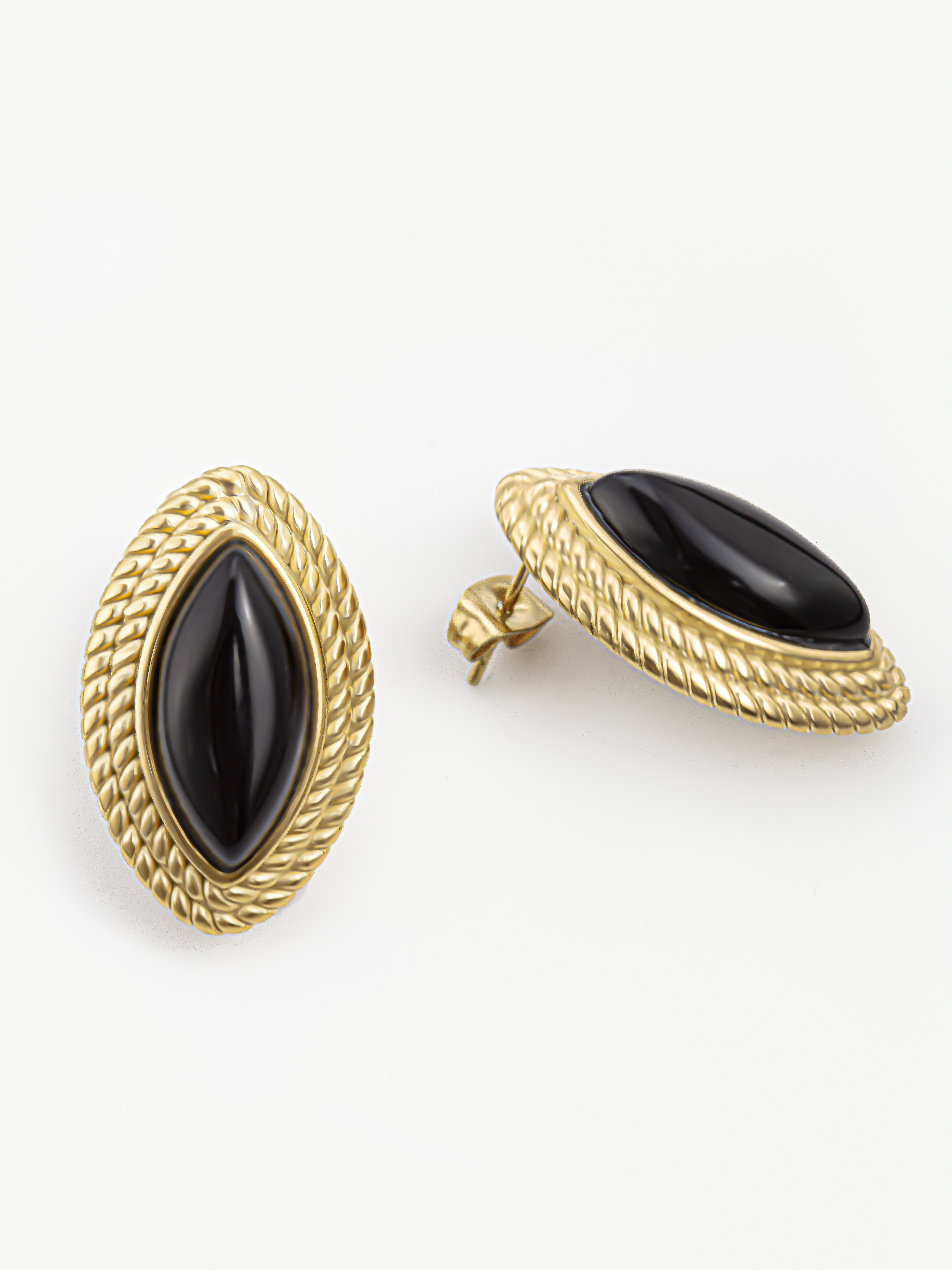 Oval Marquise Stud Earrings With Black Stone