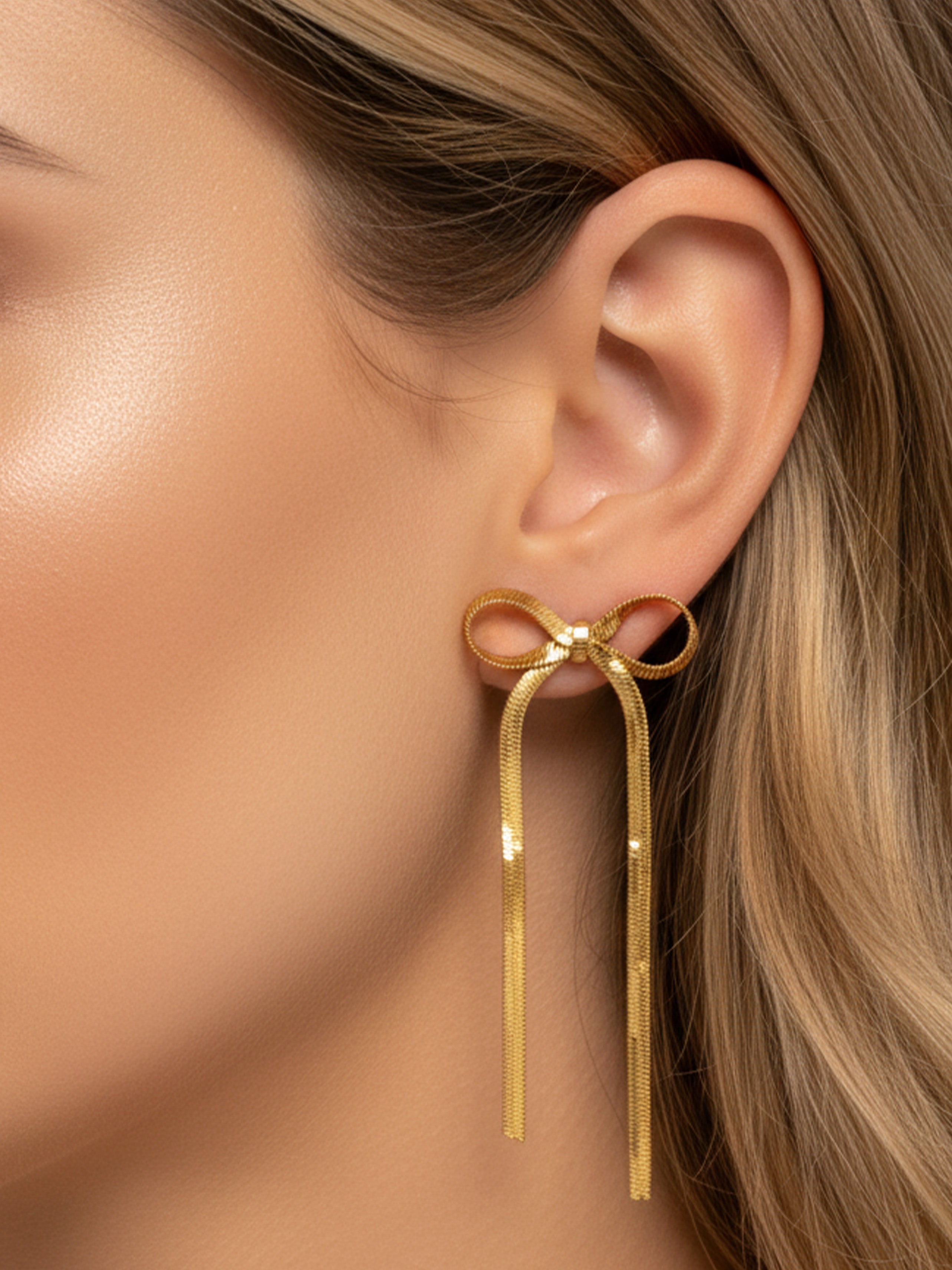 Bow Stud Earrings With Herringbone Chain