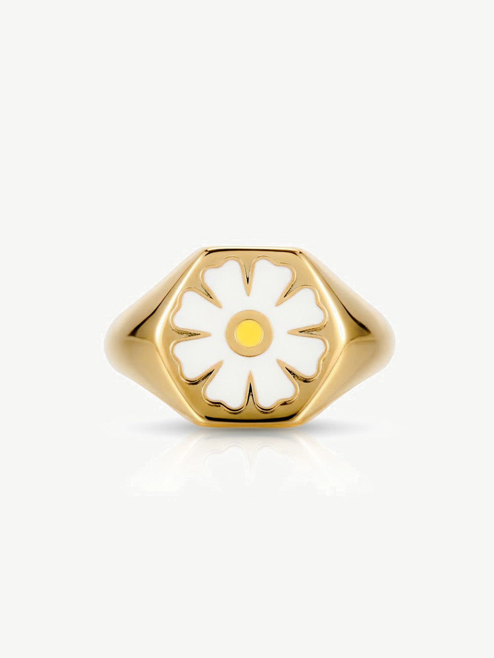 Gold Big Signet Ring With White Daisy Flower