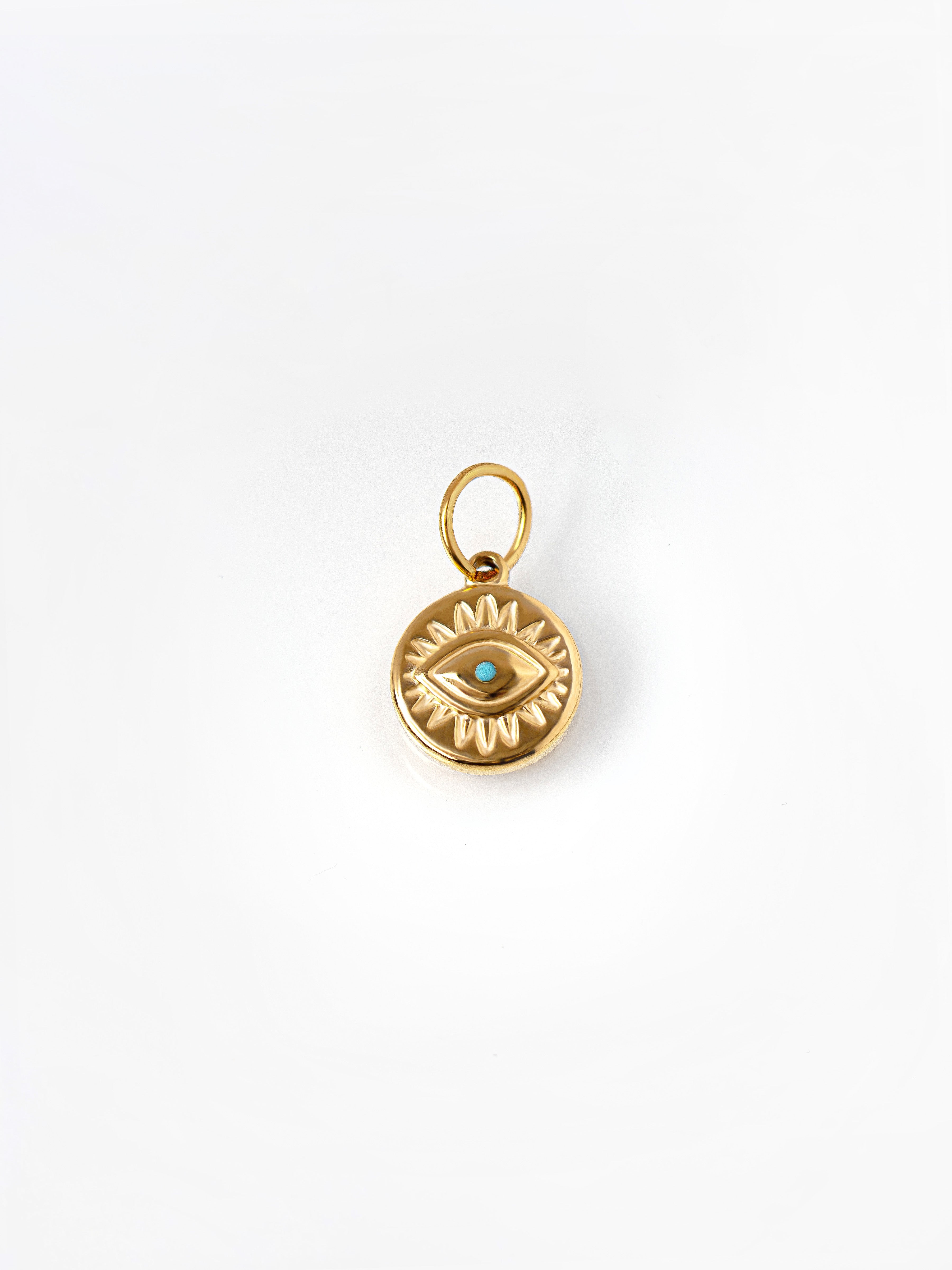Gold Evil Eye Coin Pendant / Charm With Turquoise Stone