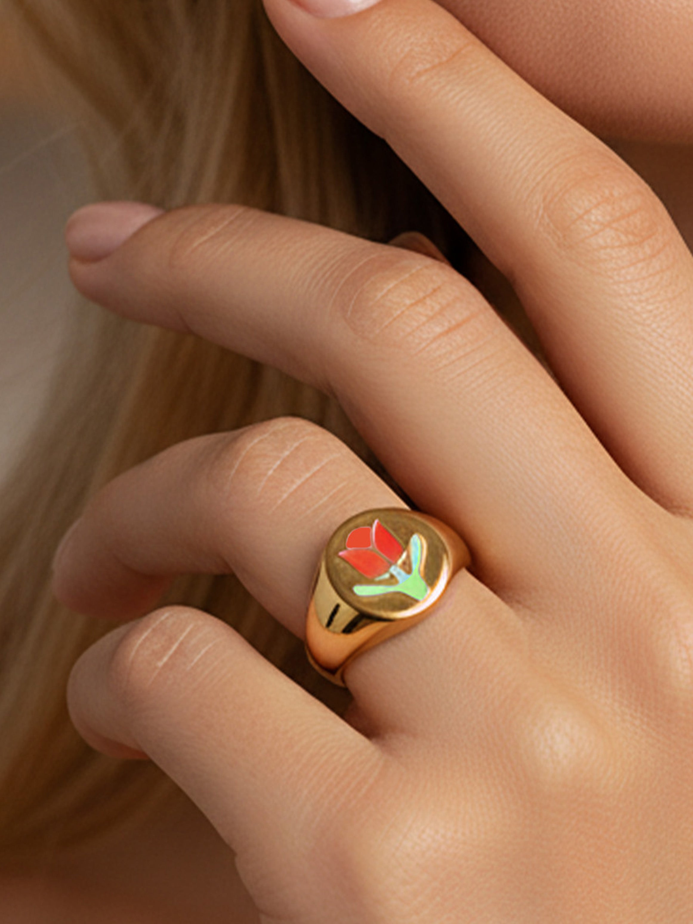 Big Signet Ring With Enamel Red Rose Flower