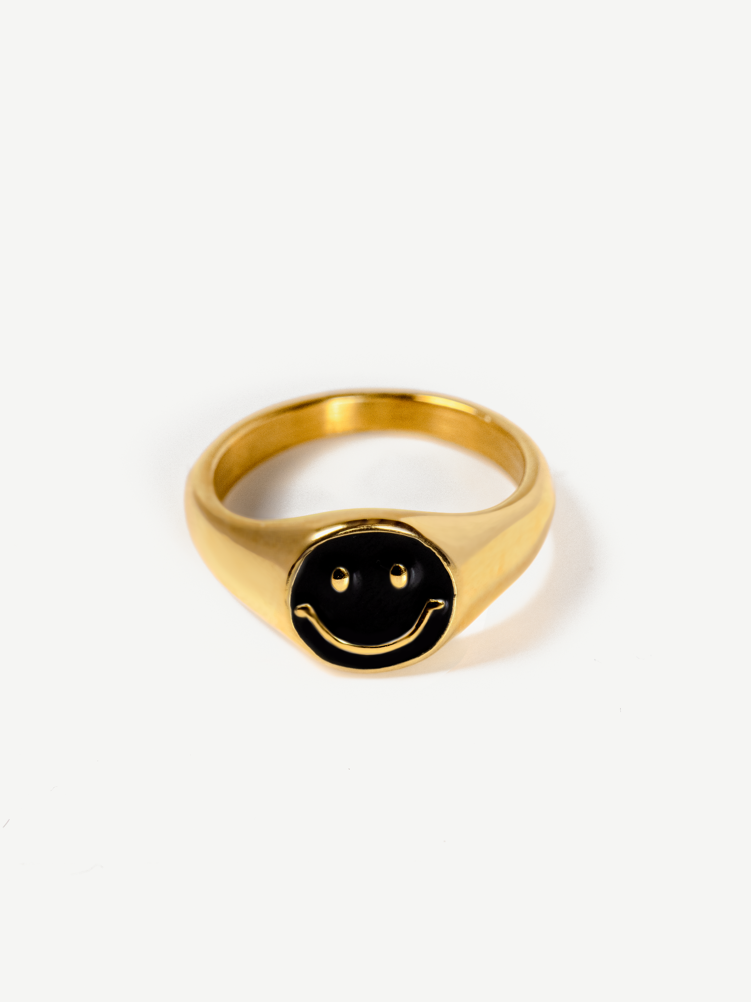 Gold Happy Face Signet Ring - Black Enamel