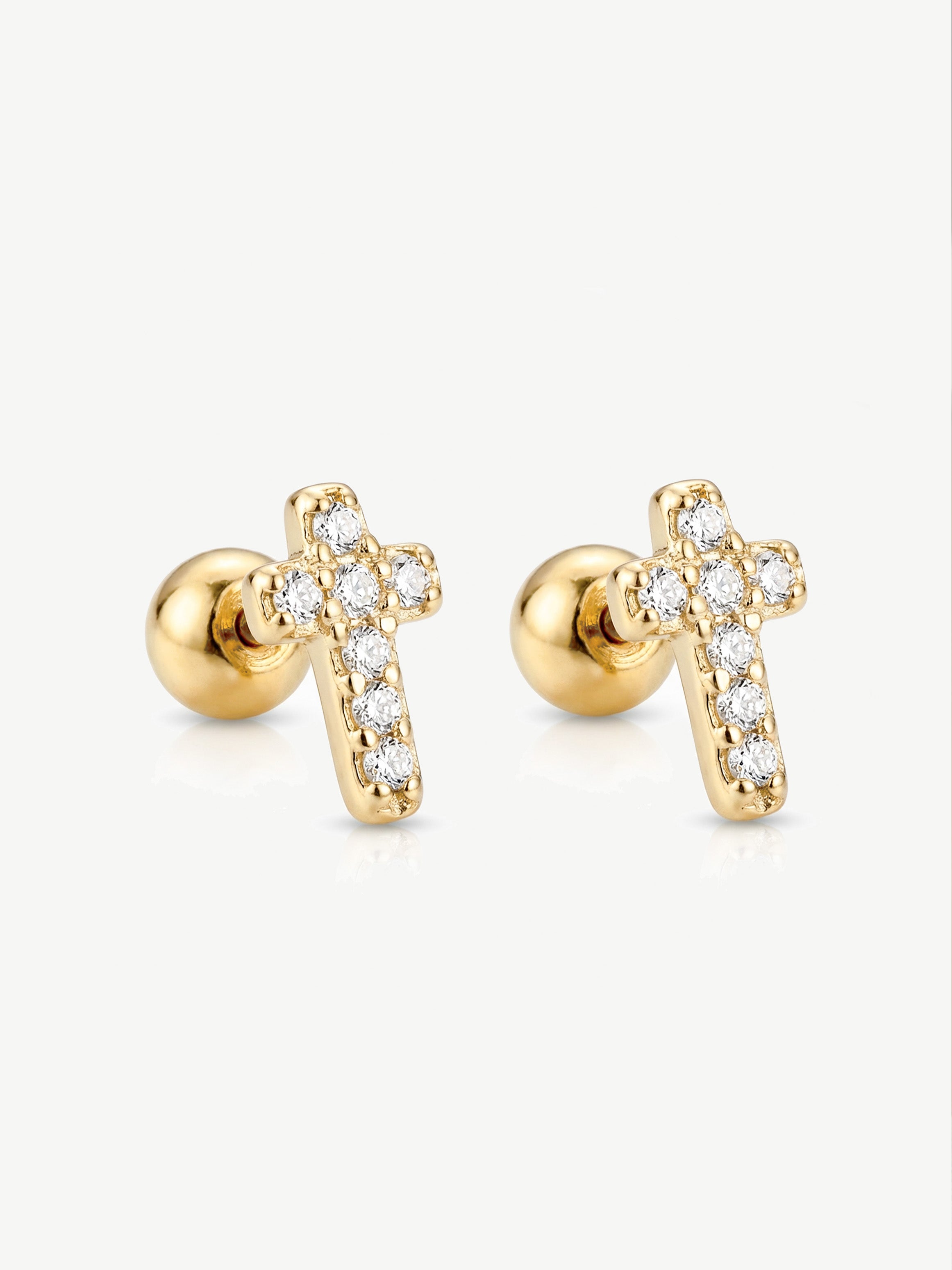Tiny Pave Cross Screw Stud Earrings