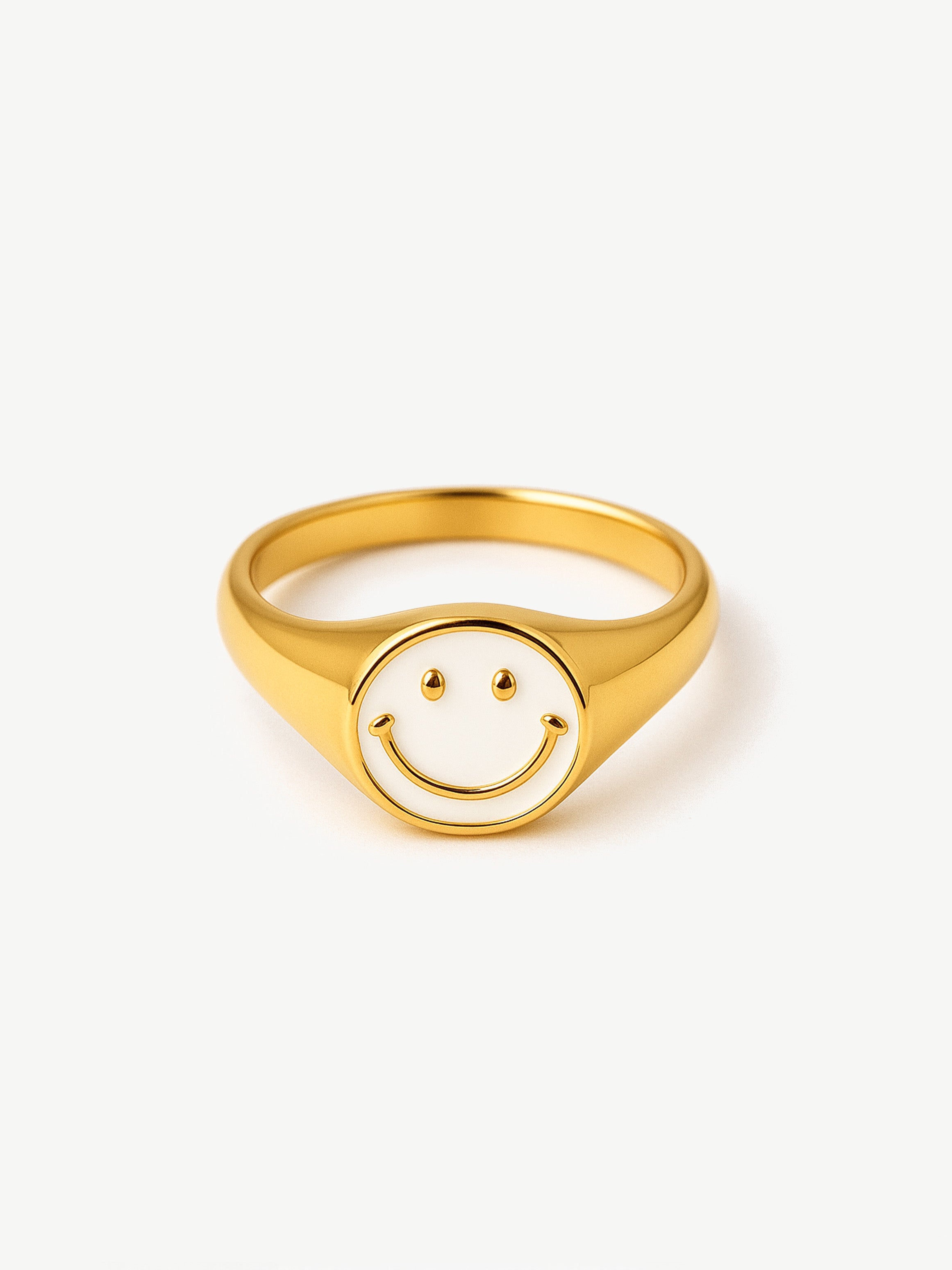 Gold Happy Face Signet Ring - White Enamel
