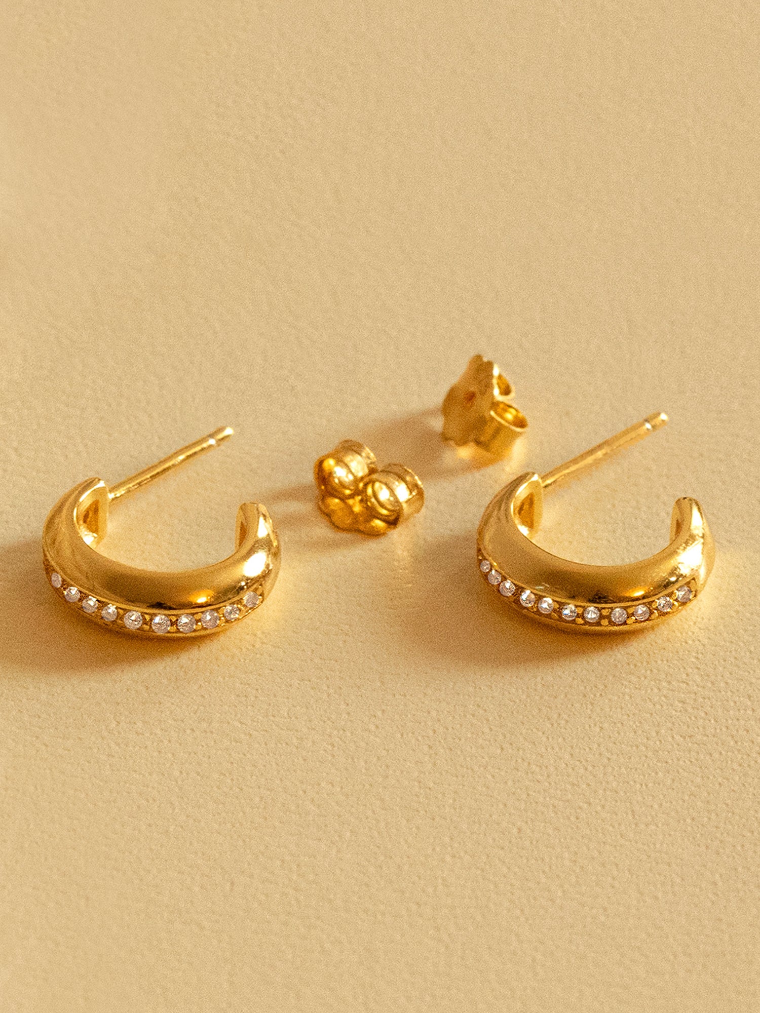 Gold Chunky Huggie Hoop Earrings With Tiny Stones
