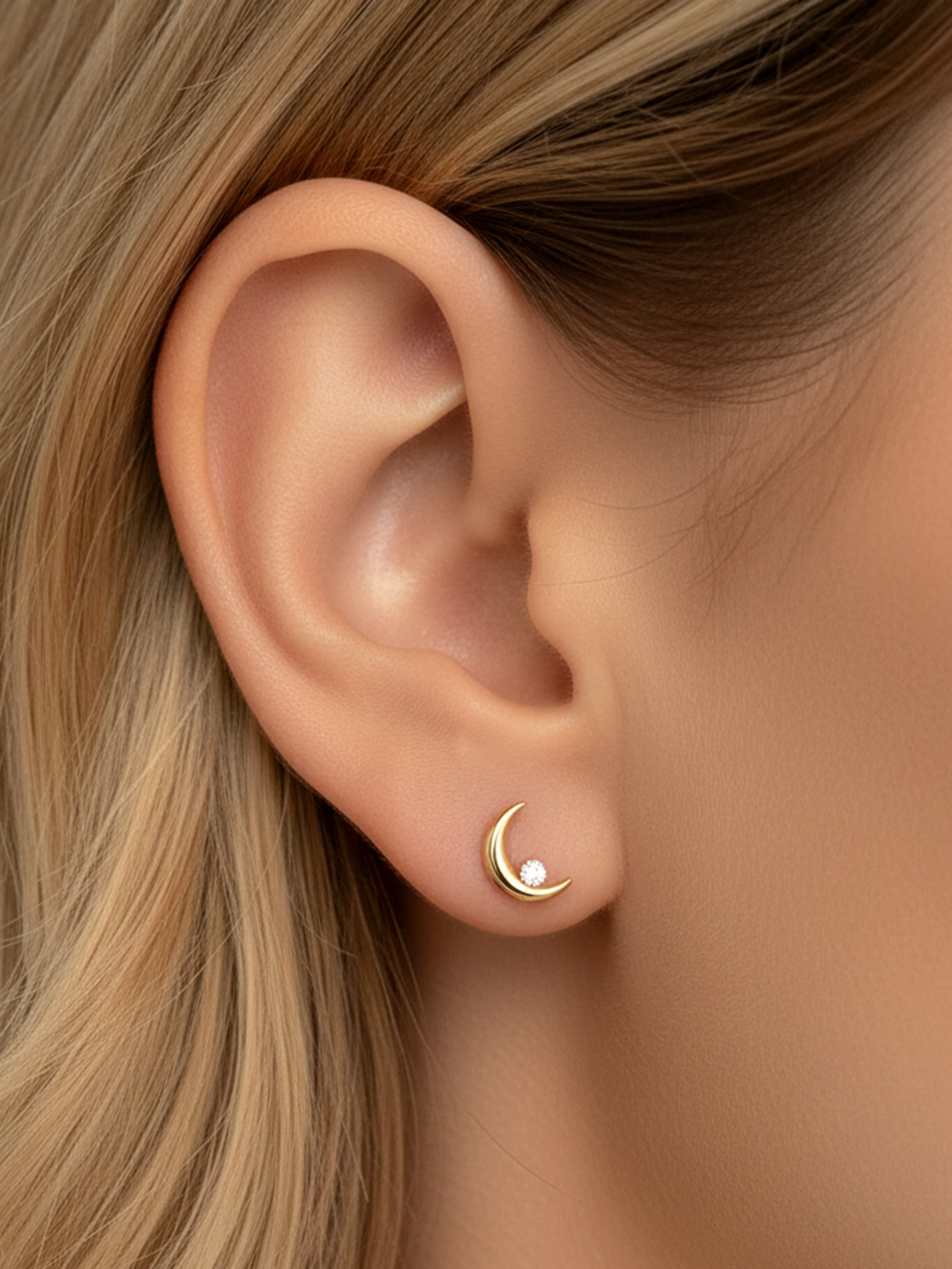 Dainty Crescent Moon & Star Stud Earrings
