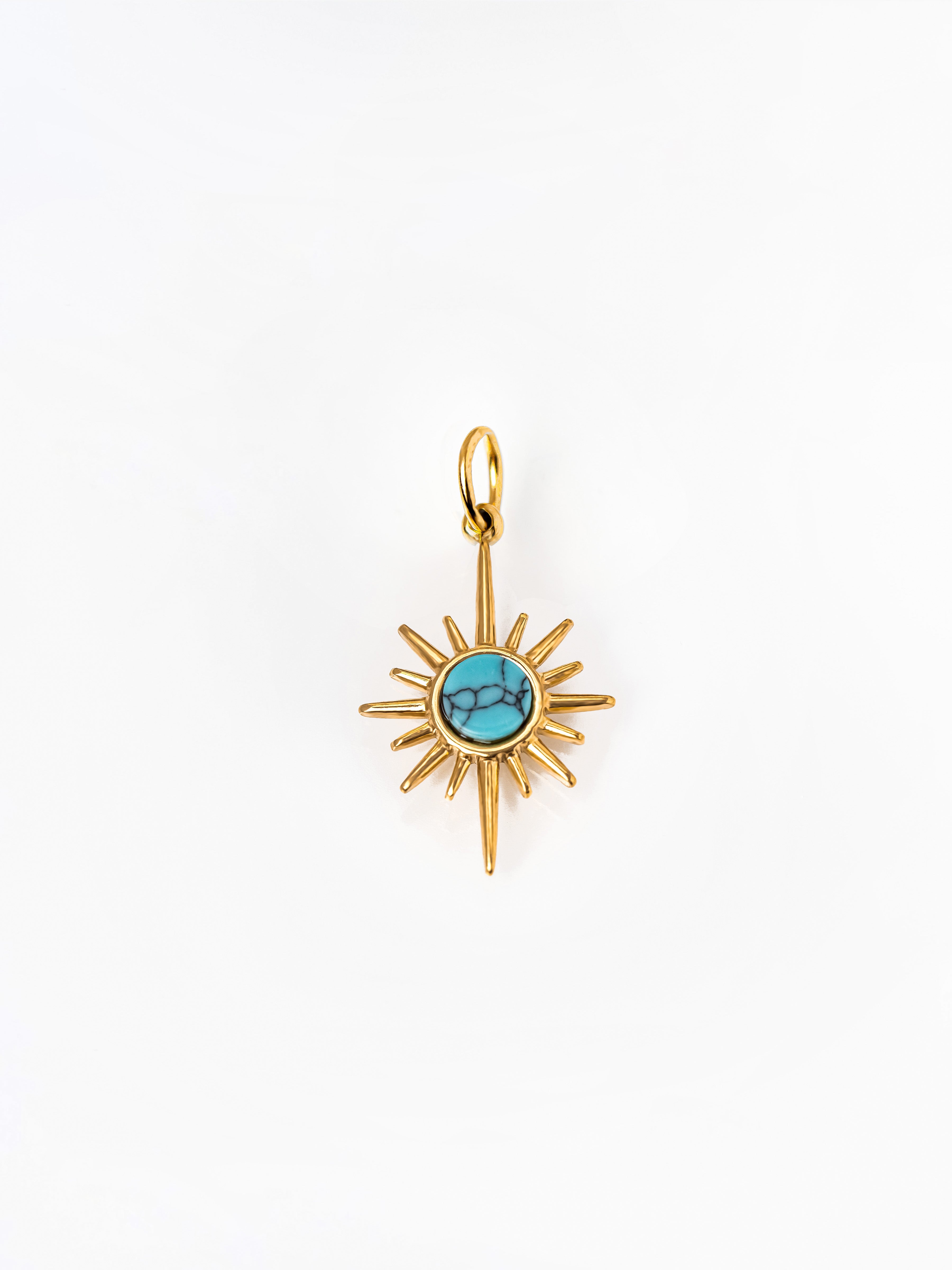 Gold Sunburst Star Pendant / Charm With Turquoise Stone