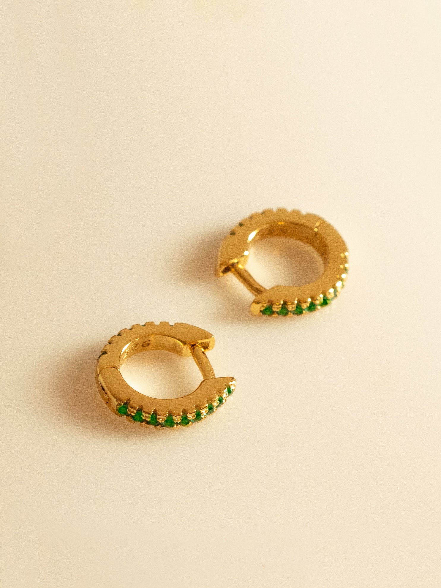 Gold Tiny Hoop Earrings With Green Stones For Helix, Upper Lobe, Tragus