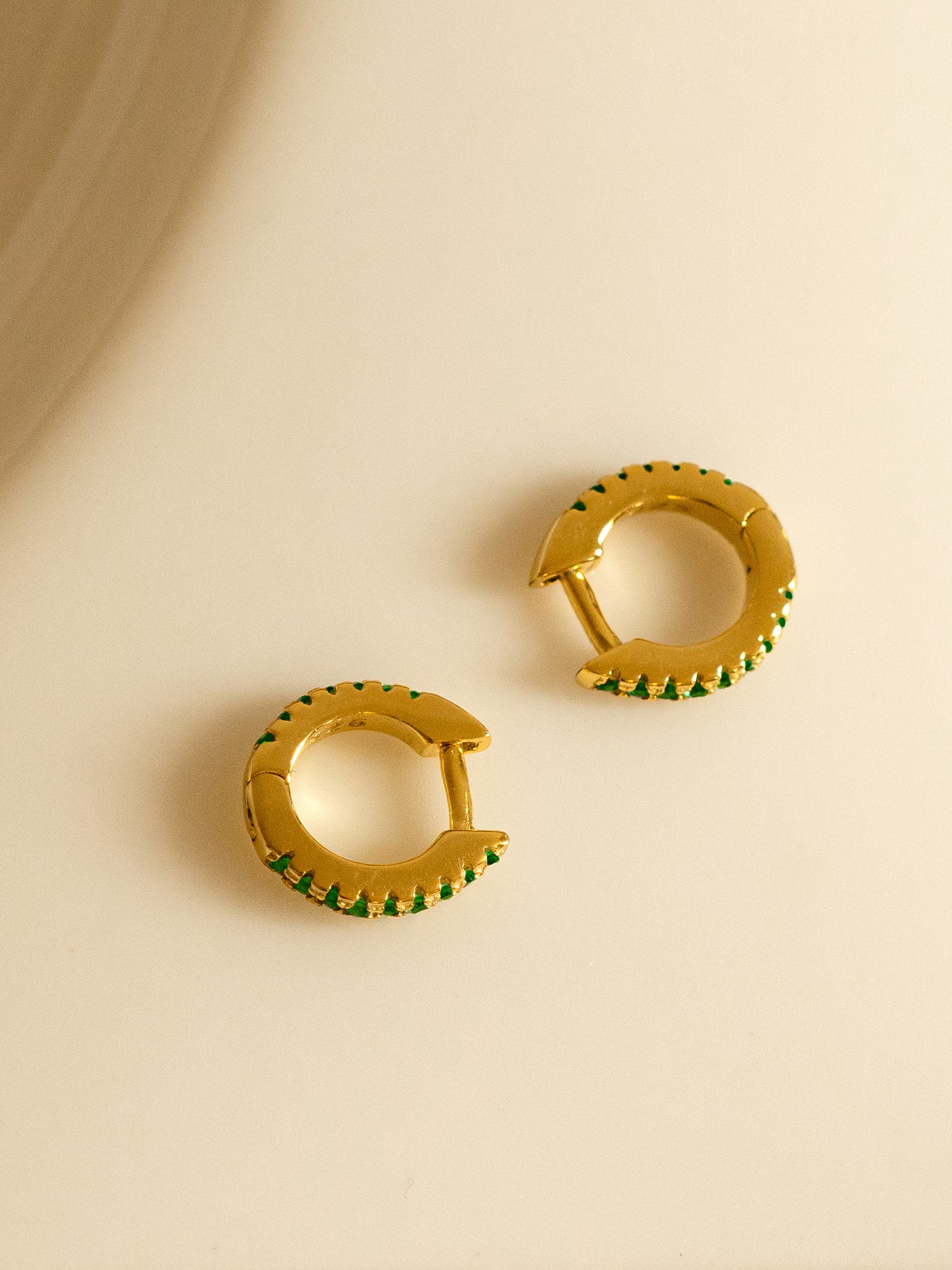 Gold Tiny Hoop Earrings With Green Stones For Helix, Upper Lobe, Tragus