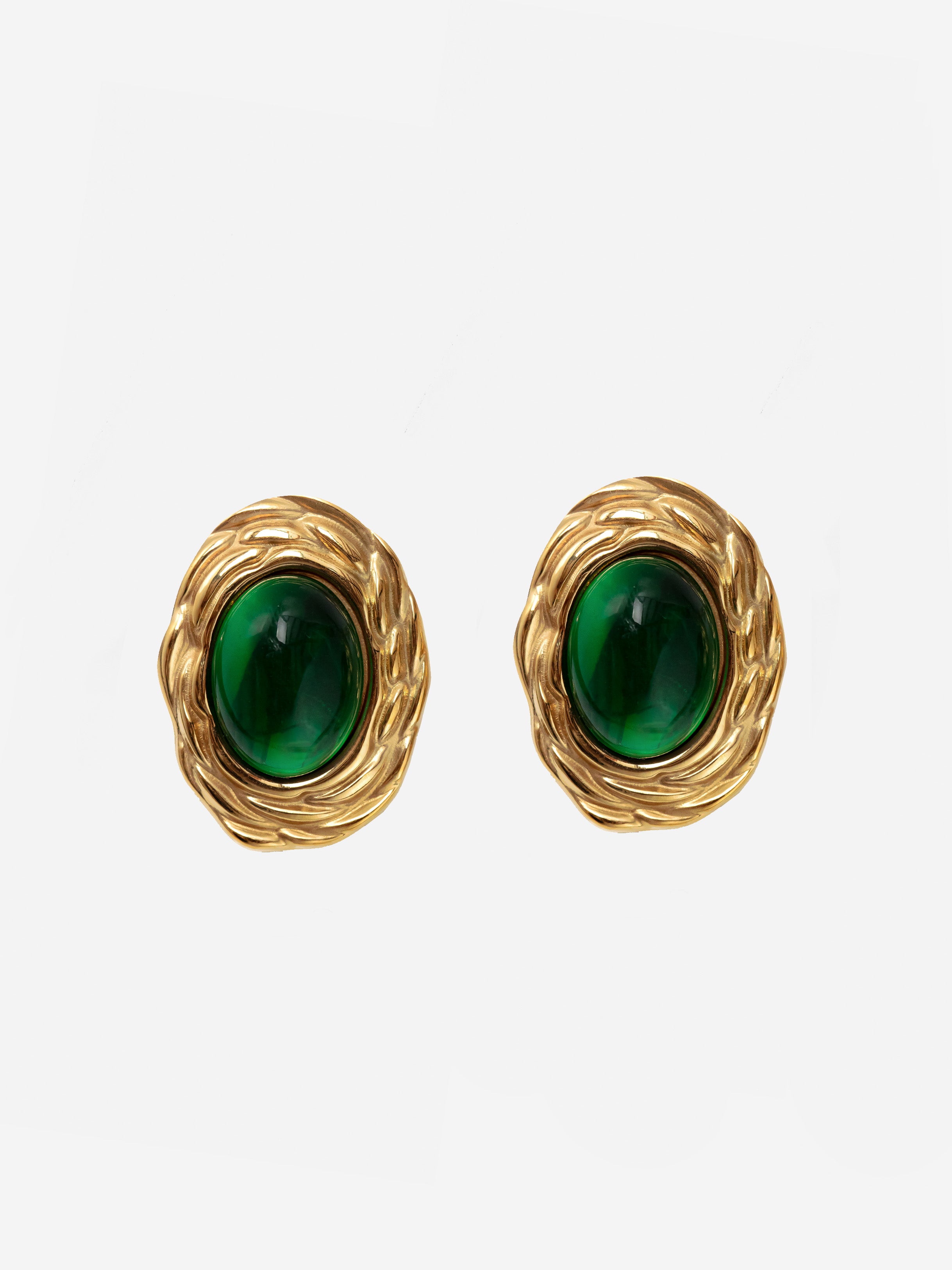 Vintage Oval Stud Earrings With Emerald Green Stone