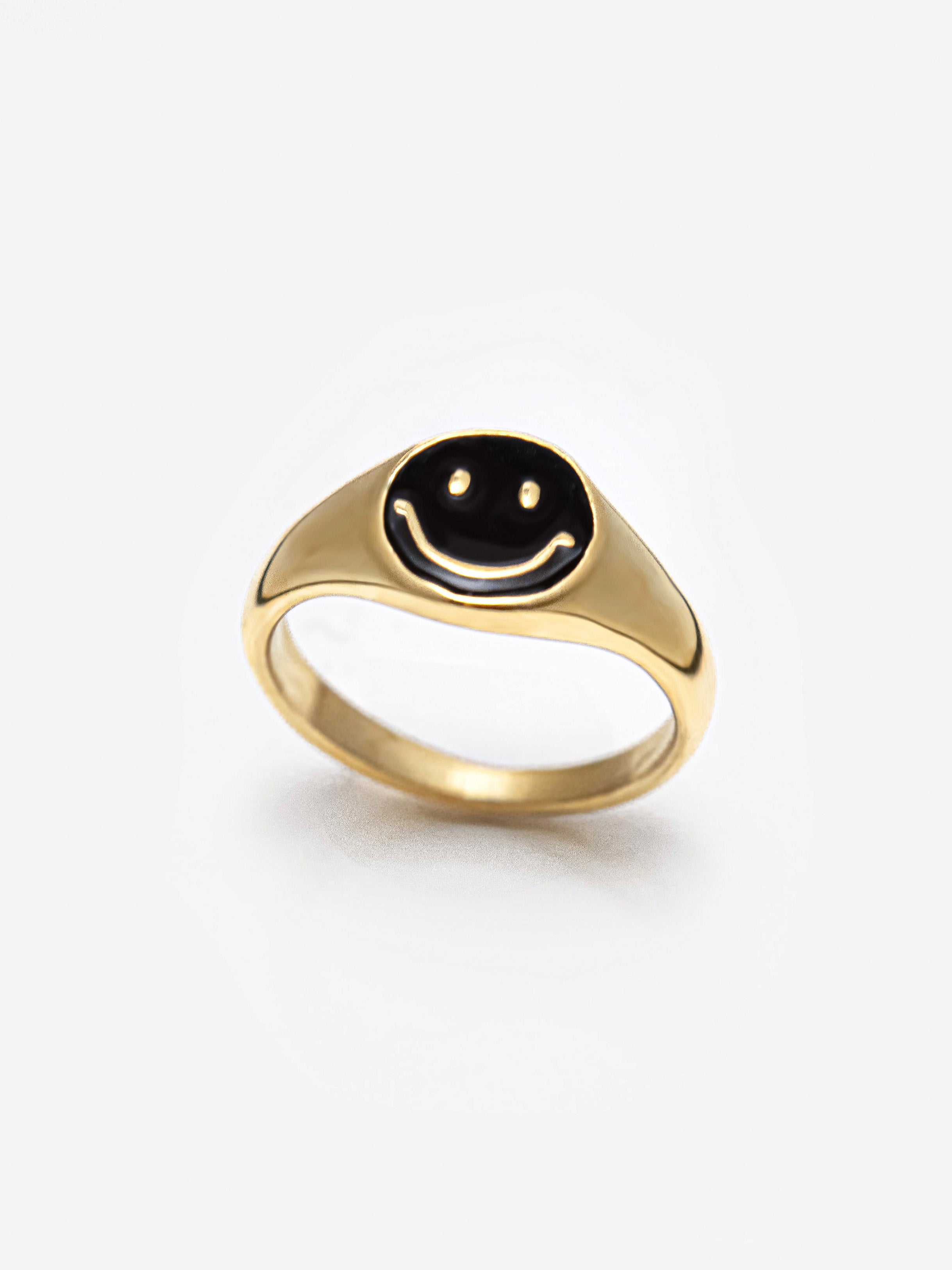 Gold Happy Face Signet Ring - Black Enamel